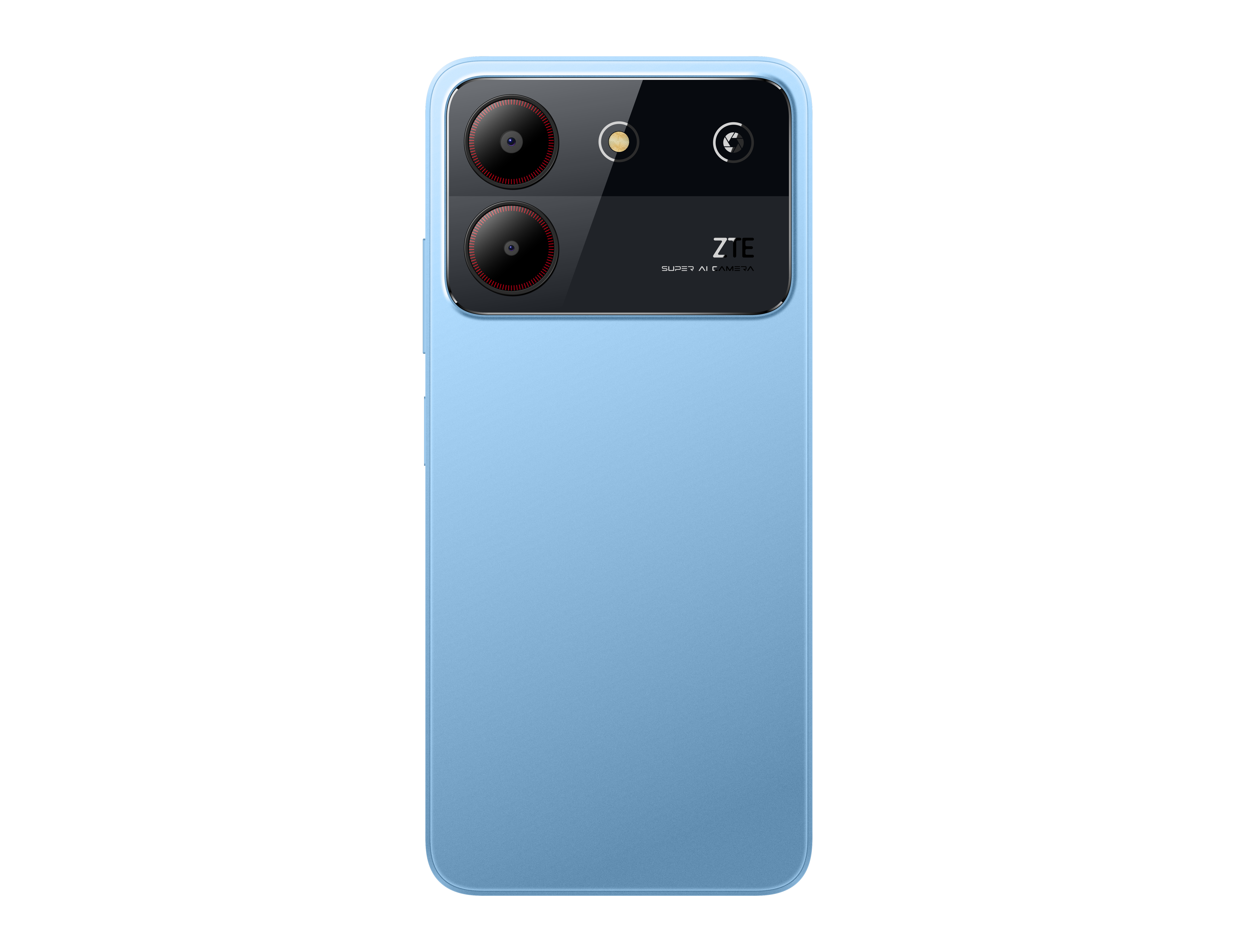 Blaue Telefonrückseite mit Kamera-Erhebung. Zwei rote Kameralinsen, schwarze Oberfläche.