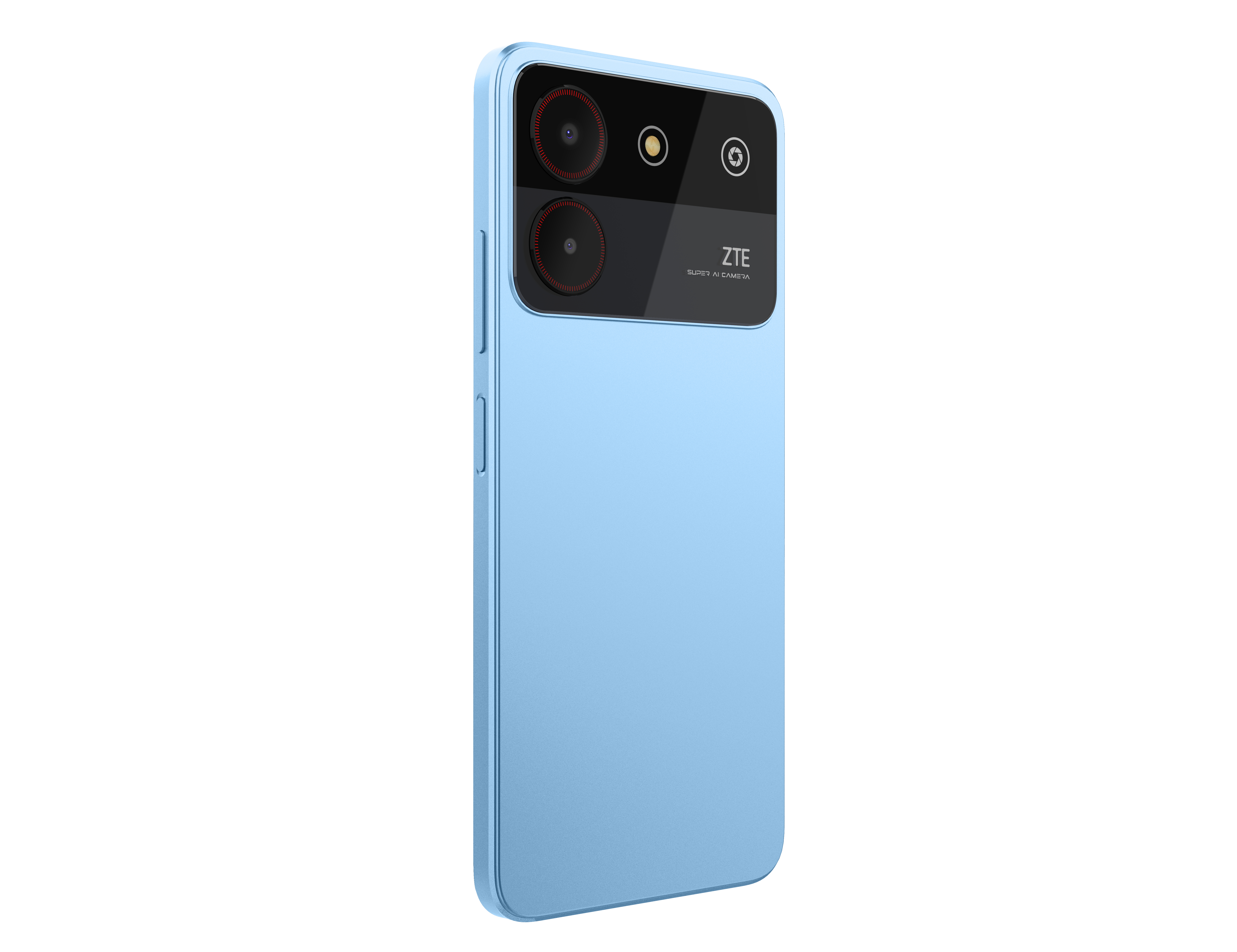 Blaues ZTE-Telefon mit zwei Rückkameras. Das Telefon hat eine hellblaue Rückseite und Seitentasten.