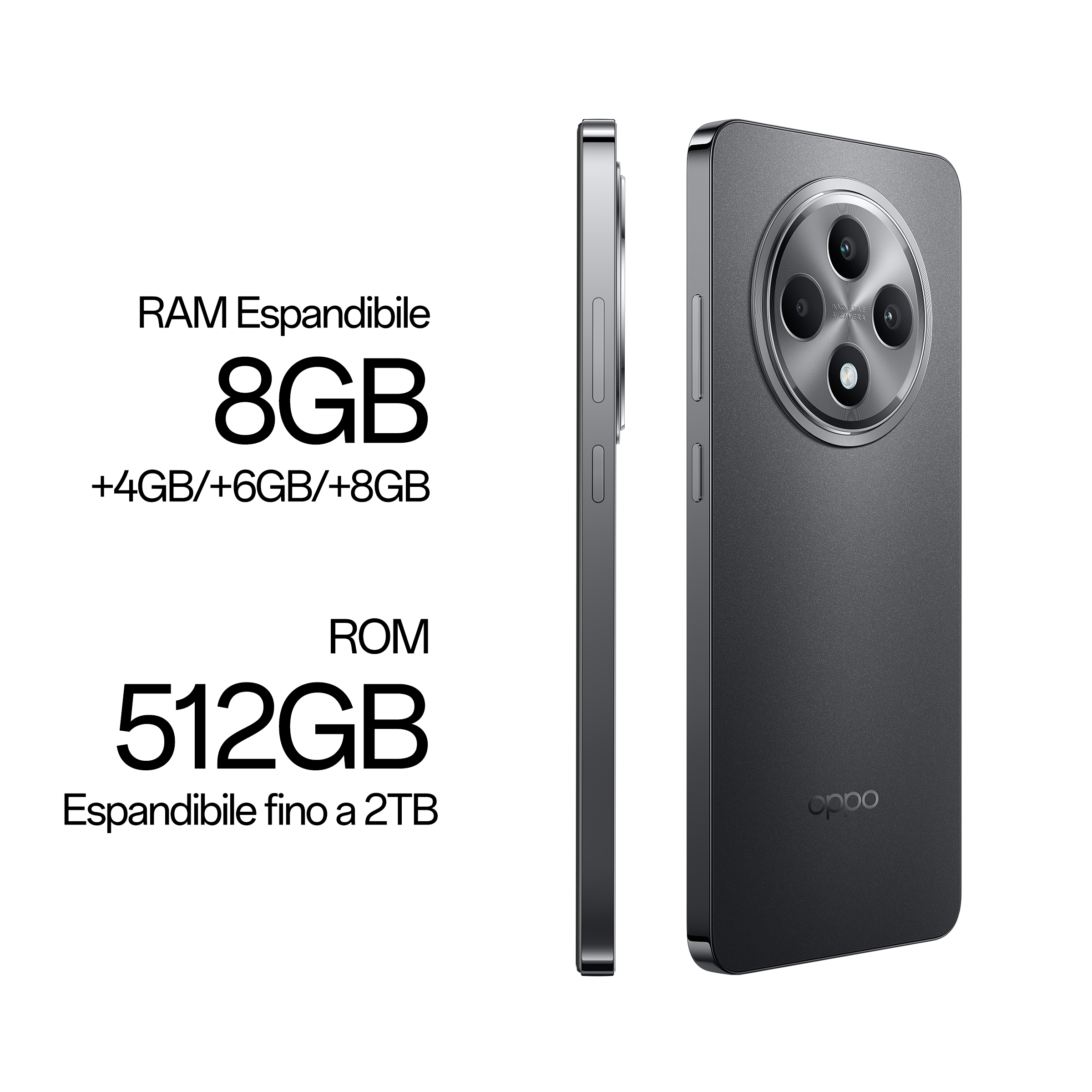 Czarny smartfon, widok z boku i z przodu, ze szczegółami RAM i ROM.