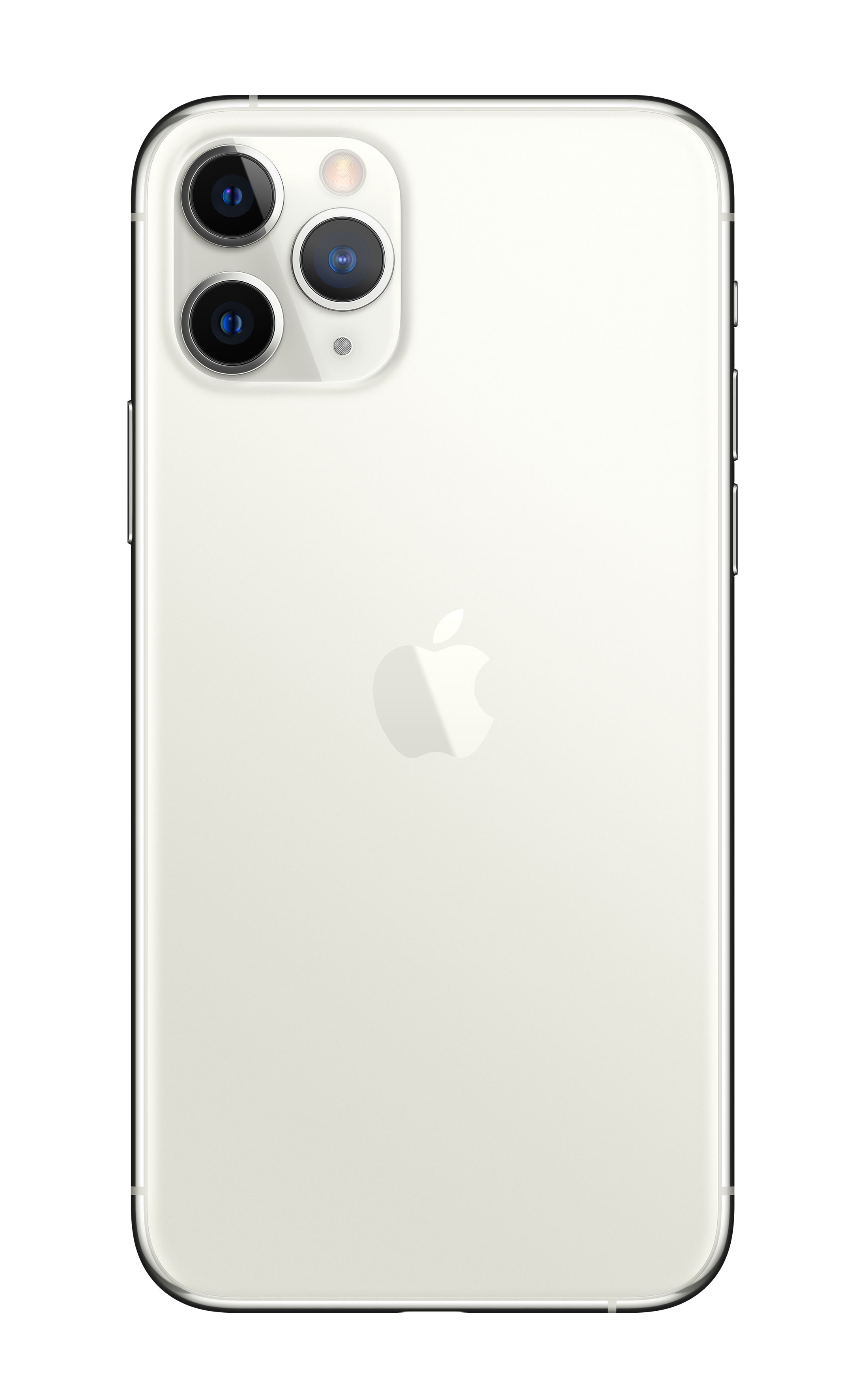 iPhone plateado con tres cámaras, vista trasera, fondo blanco.
