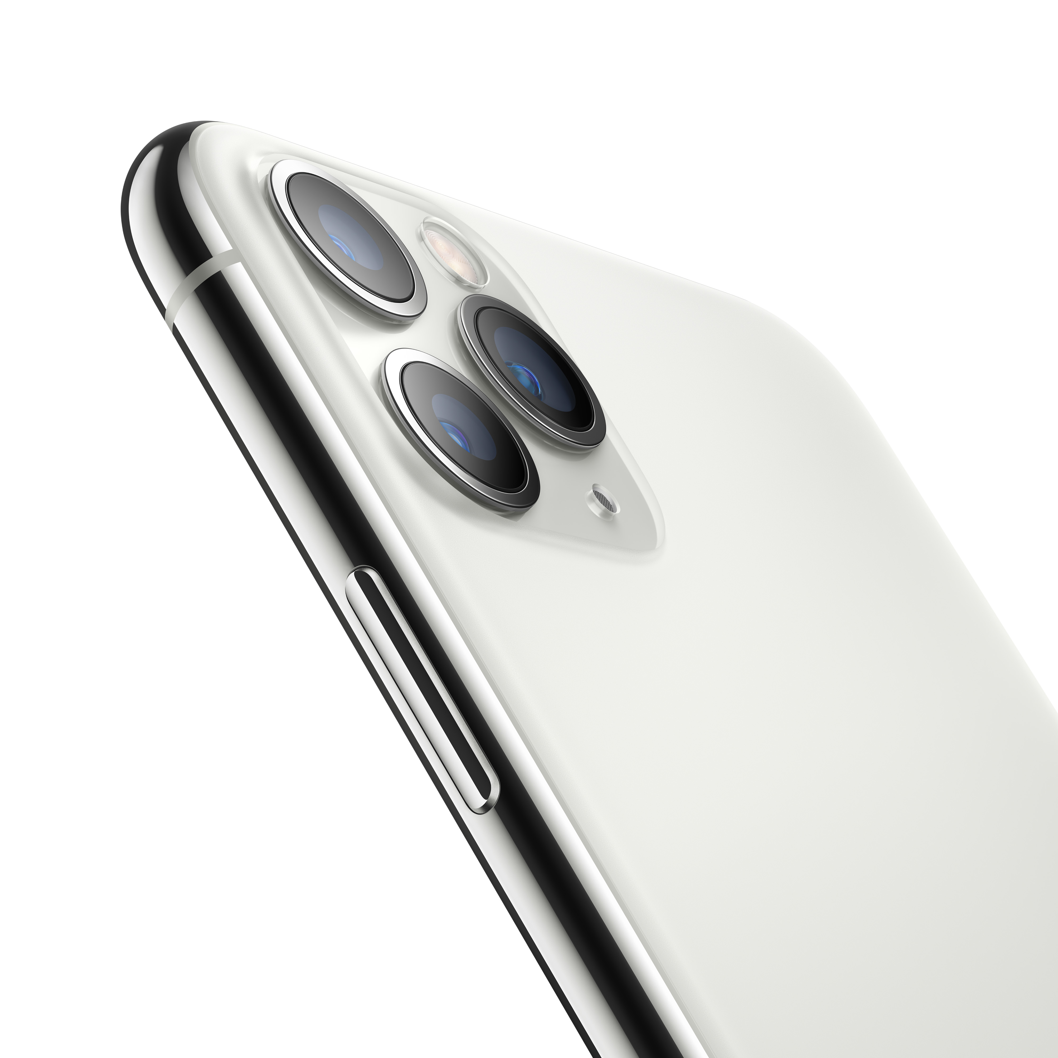 Zbliżenie białego iPhone'a, pokazujące tylny zestaw aparatów z trzema obiektywami.