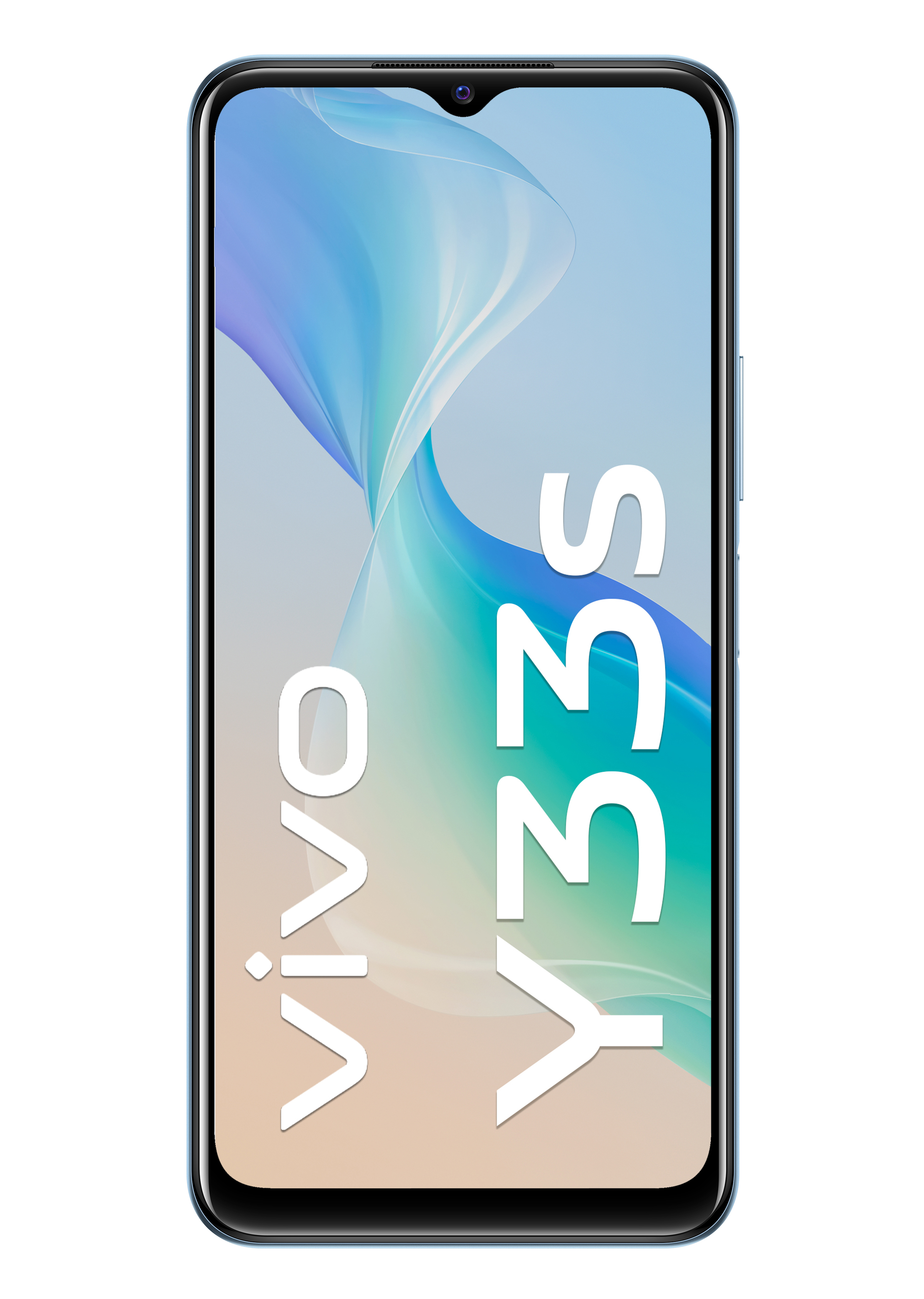 Blaues Smartphone mit dem Text 'VIVO Y33S' auf dem Bildschirm, vor weißem Hintergrund.