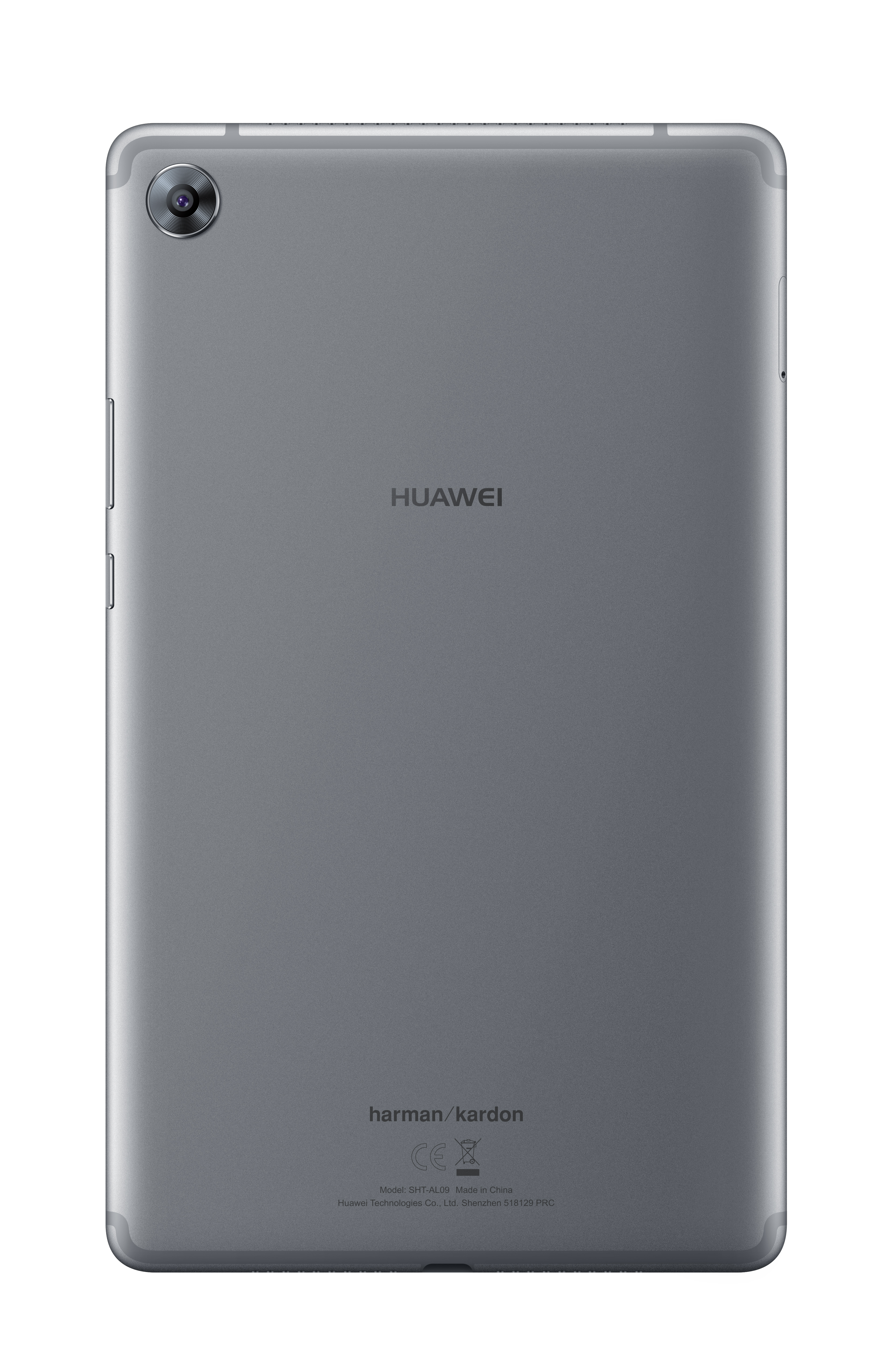 Graues Huawei-Tablet mit Kamera, Huawei- und Harman Kardon-Logos sichtbar.