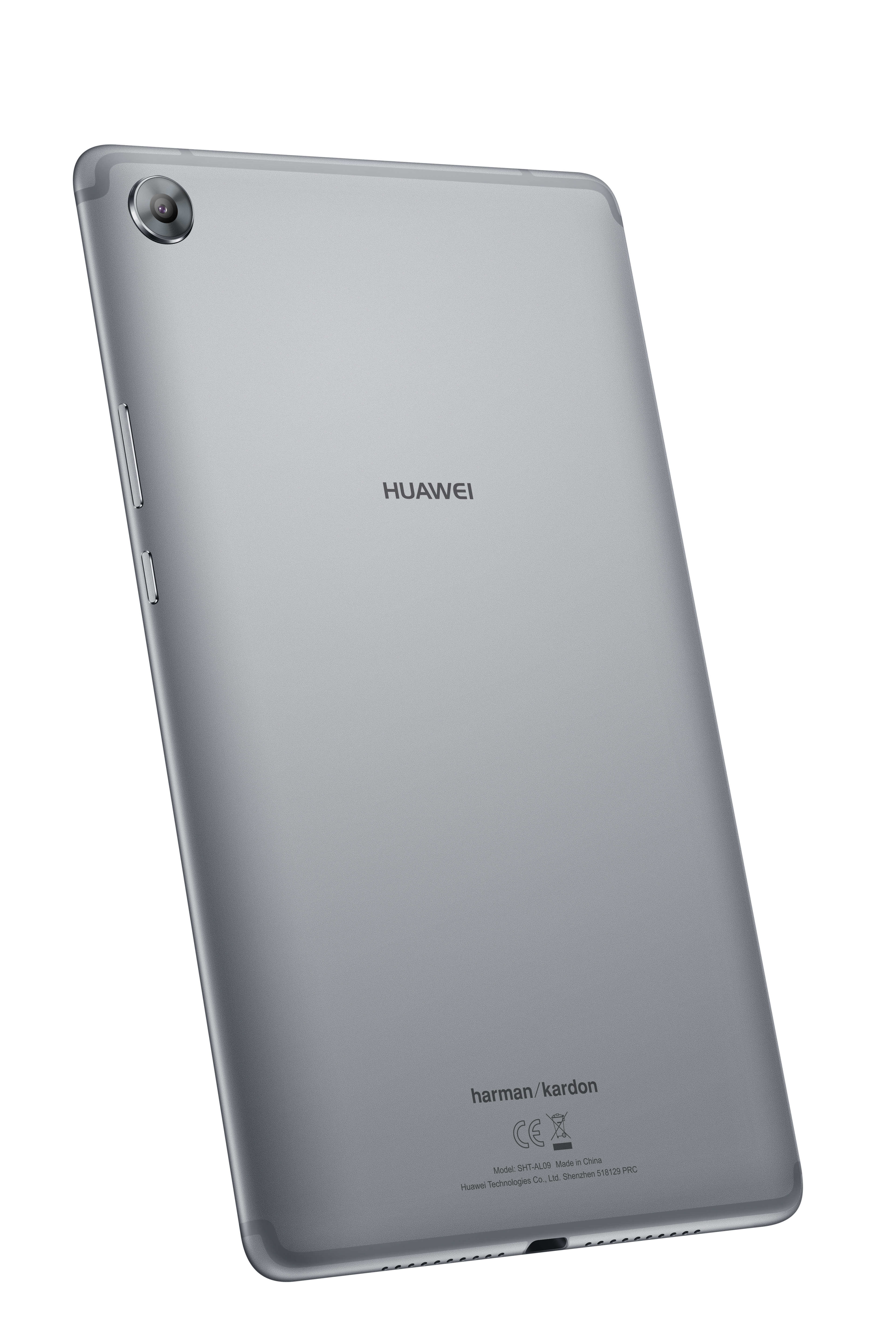 Silbernes Huawei-Tablet, Rückansicht, mit Harman/Kardon-Logo und Kamera.