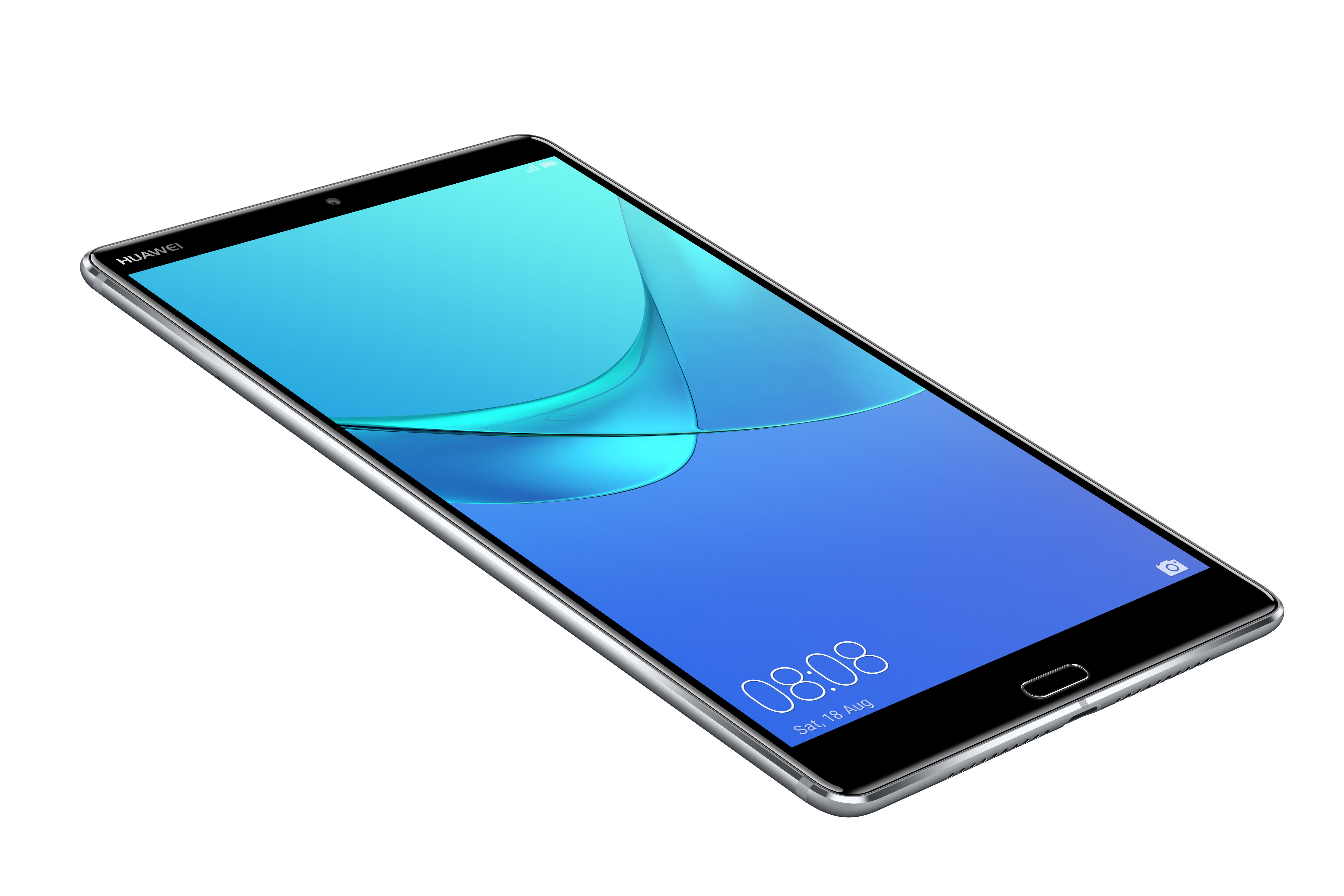 Tablet mit blauem, wasserähnlichem Display. Huawei-Logo oben links. Weißer Hintergrund.