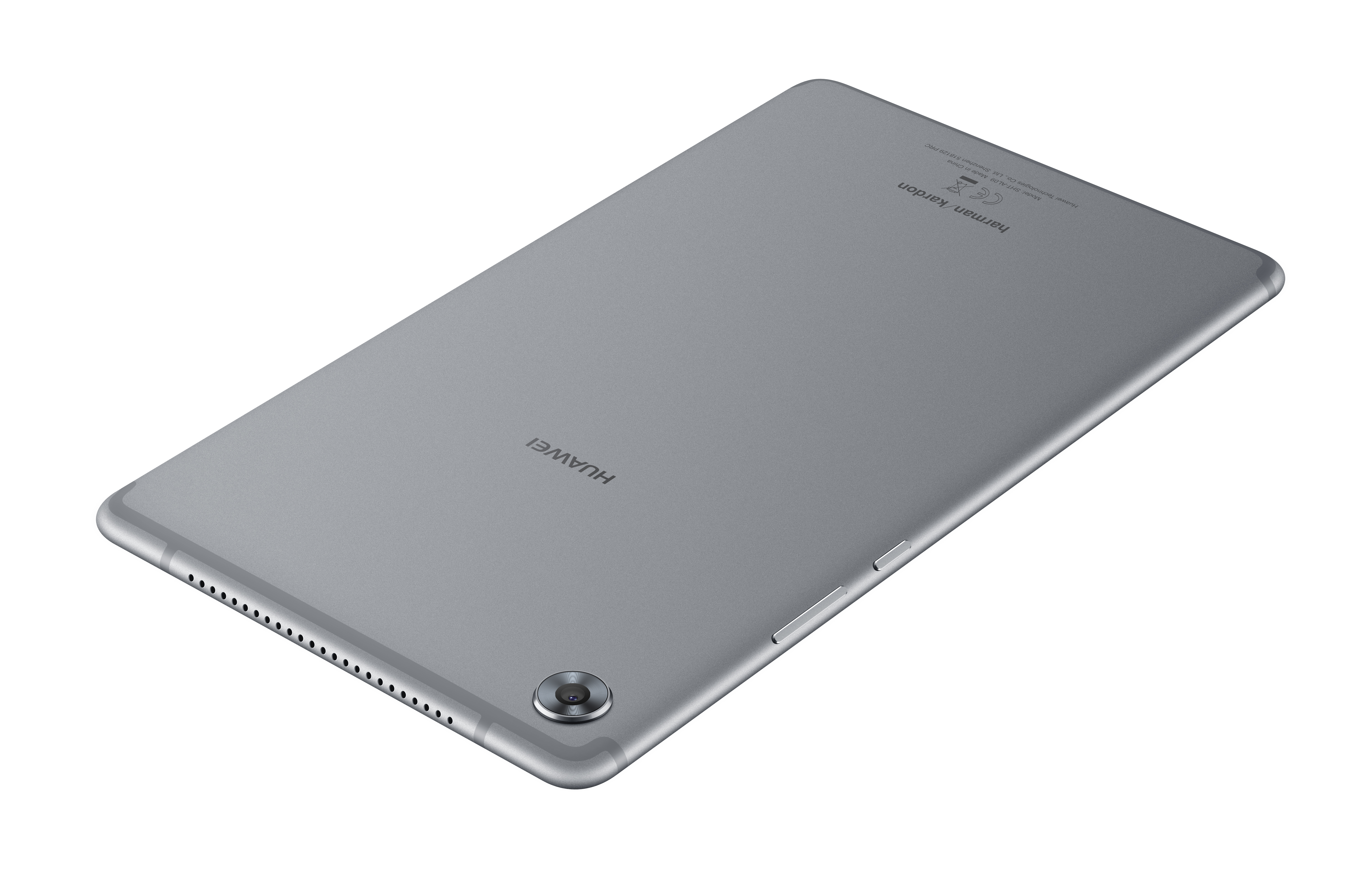 Die Rückseite eines silbernen Tablets mit Kamera, Huawei-Logo und Harman Kardon Branding.
