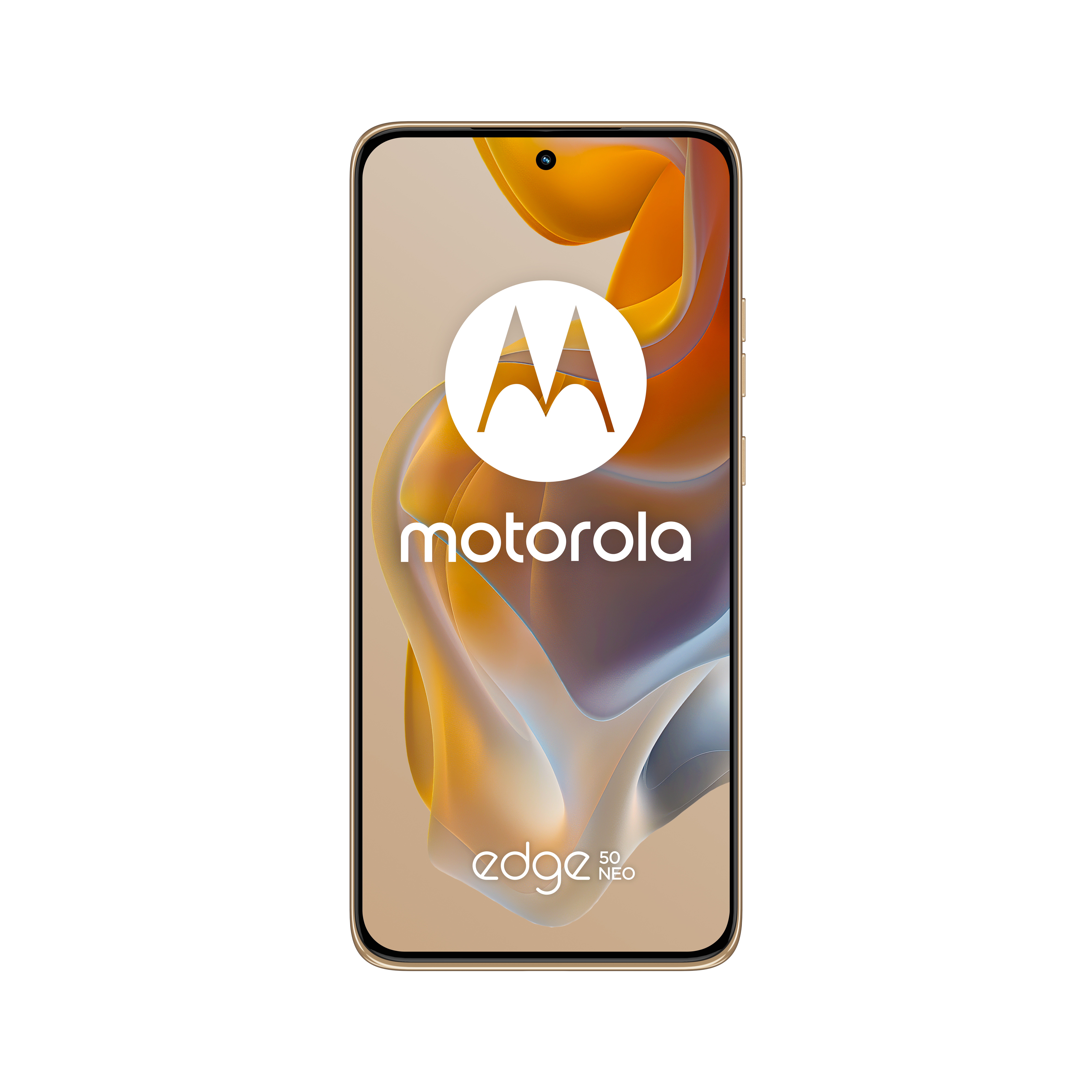 Ekran telefonu Motorola Edge 50 Neo. Złota ramka, białe tło. Logo Motorola.