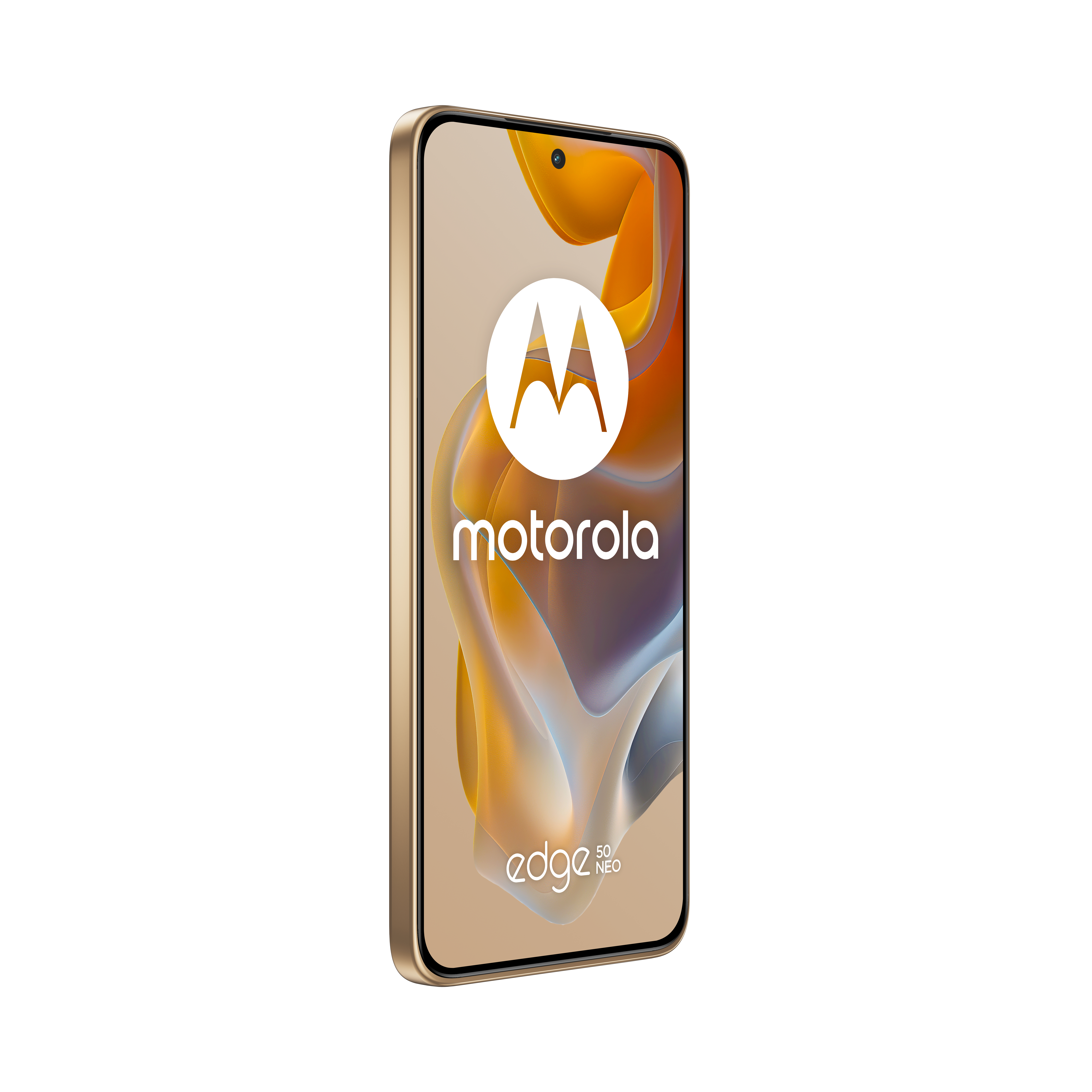 Złoty smartfon z beżowo-pomarańczowym gradientem na ekranie. Wyświetlane jest logo Motorola.