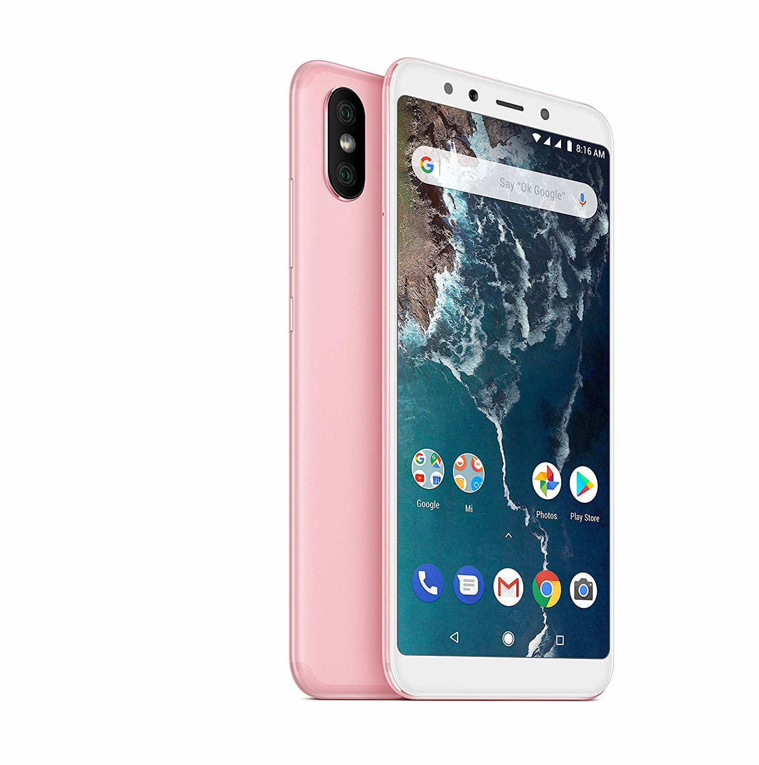 Rosa Telefon mit zwei Kameras, weißer Hintergrund.