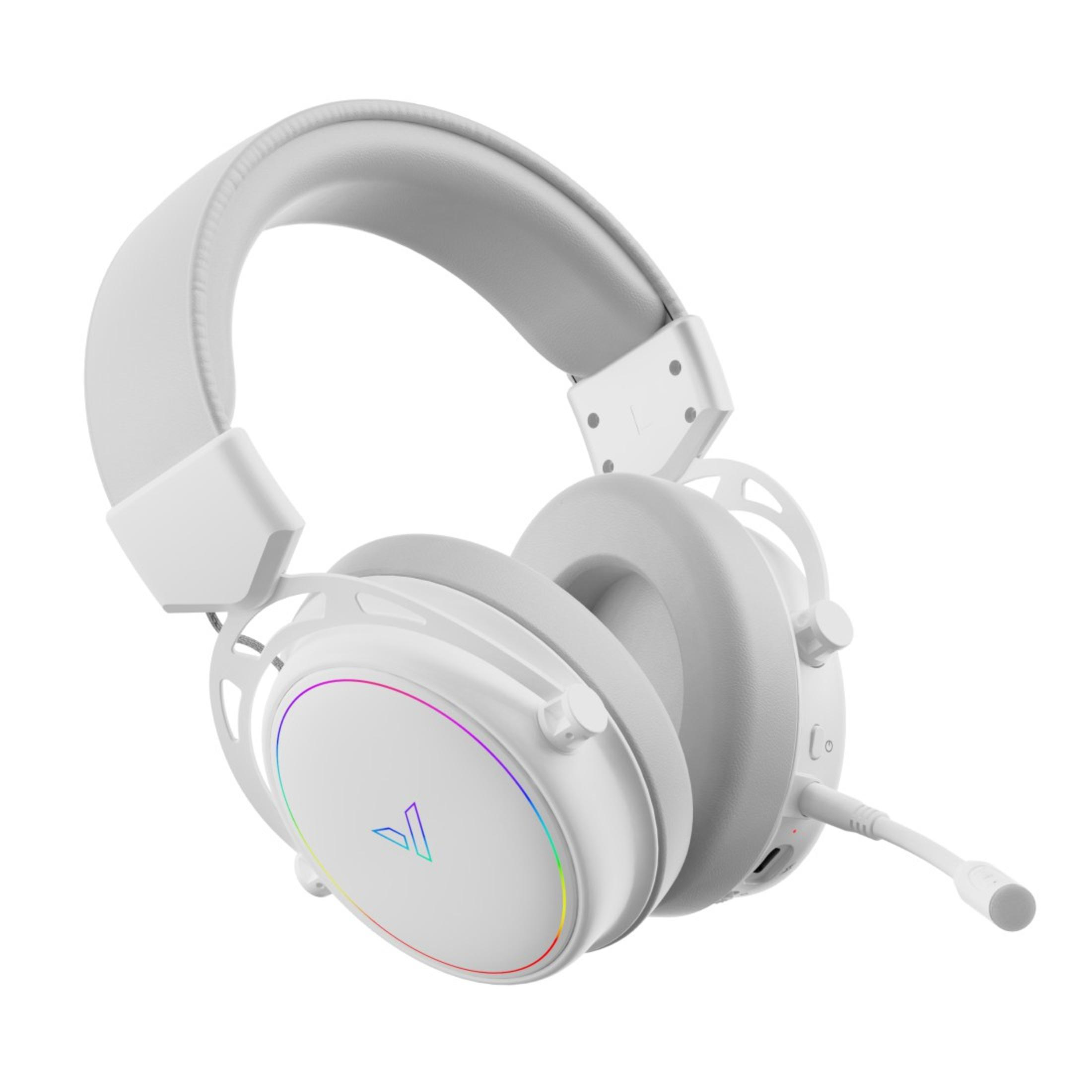Weißes Gaming-Headset mit Mikrofon. Die Ohrmuscheln haben RGB-Beleuchtung.