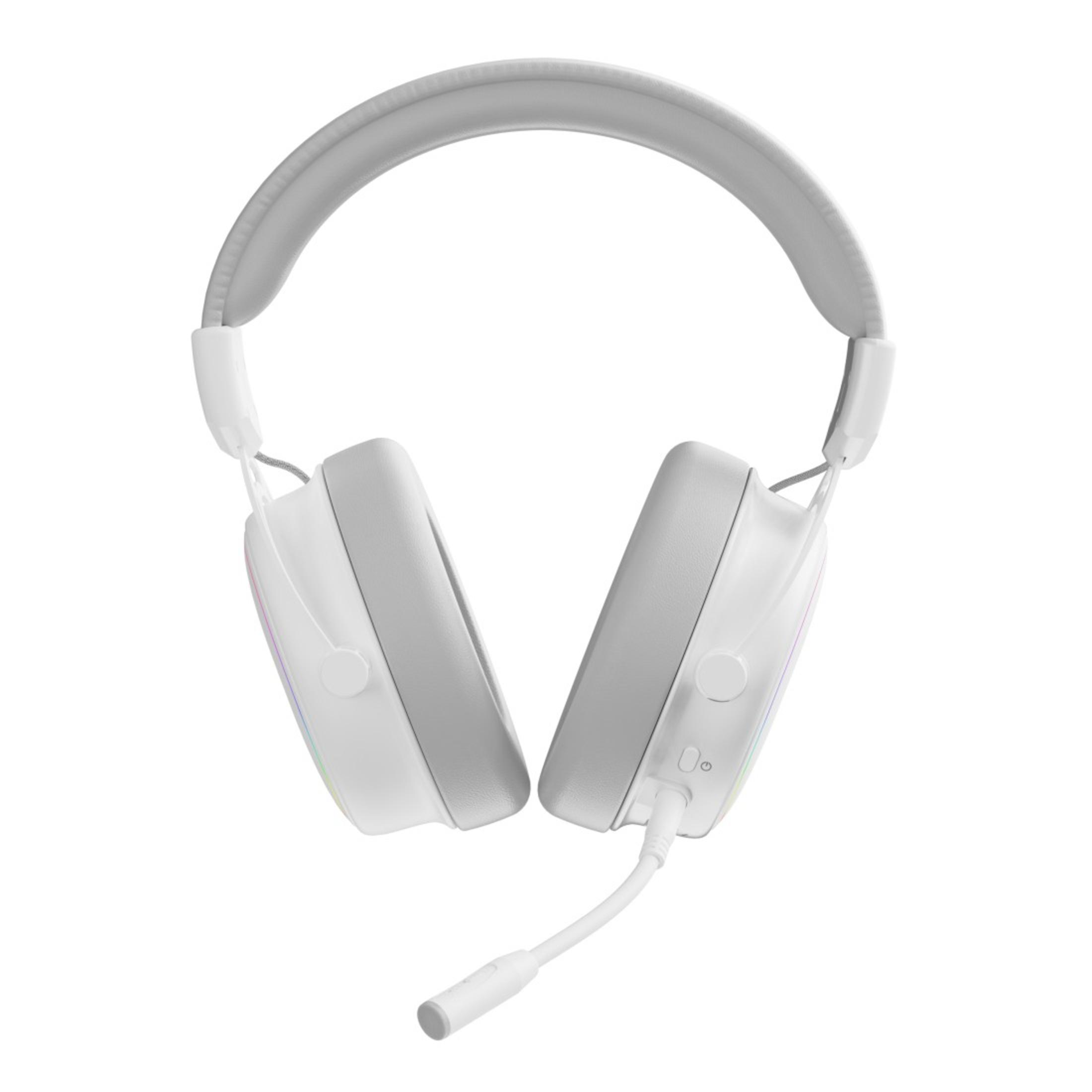 Weißes Gaming-Headset mit grauem Bügel. Zeigt Ohrmuscheln und Mikrofon.
