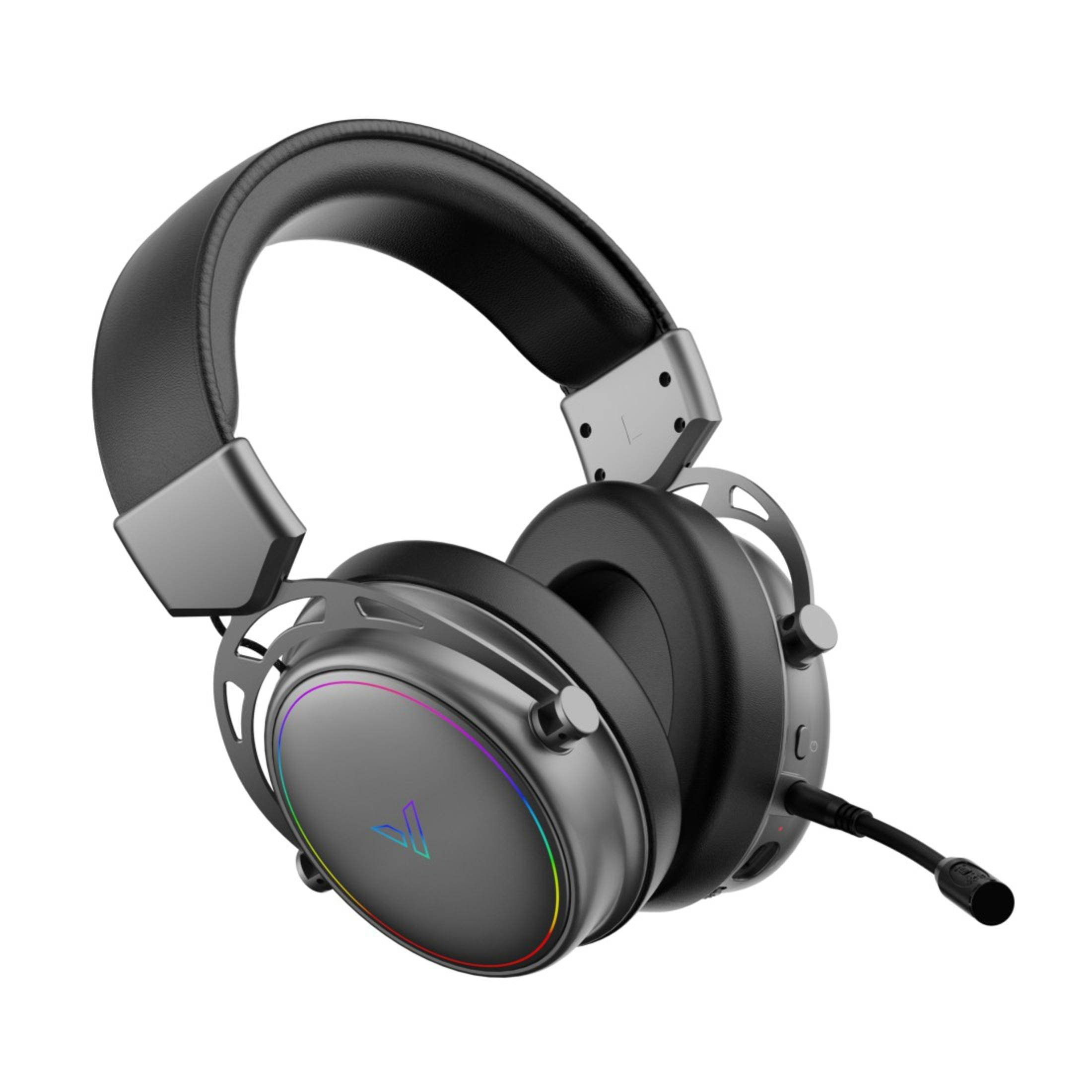 Schwarzes und graues Gaming-Headset. Es hat ein Mikrofon und ein leuchtendes Logo.
