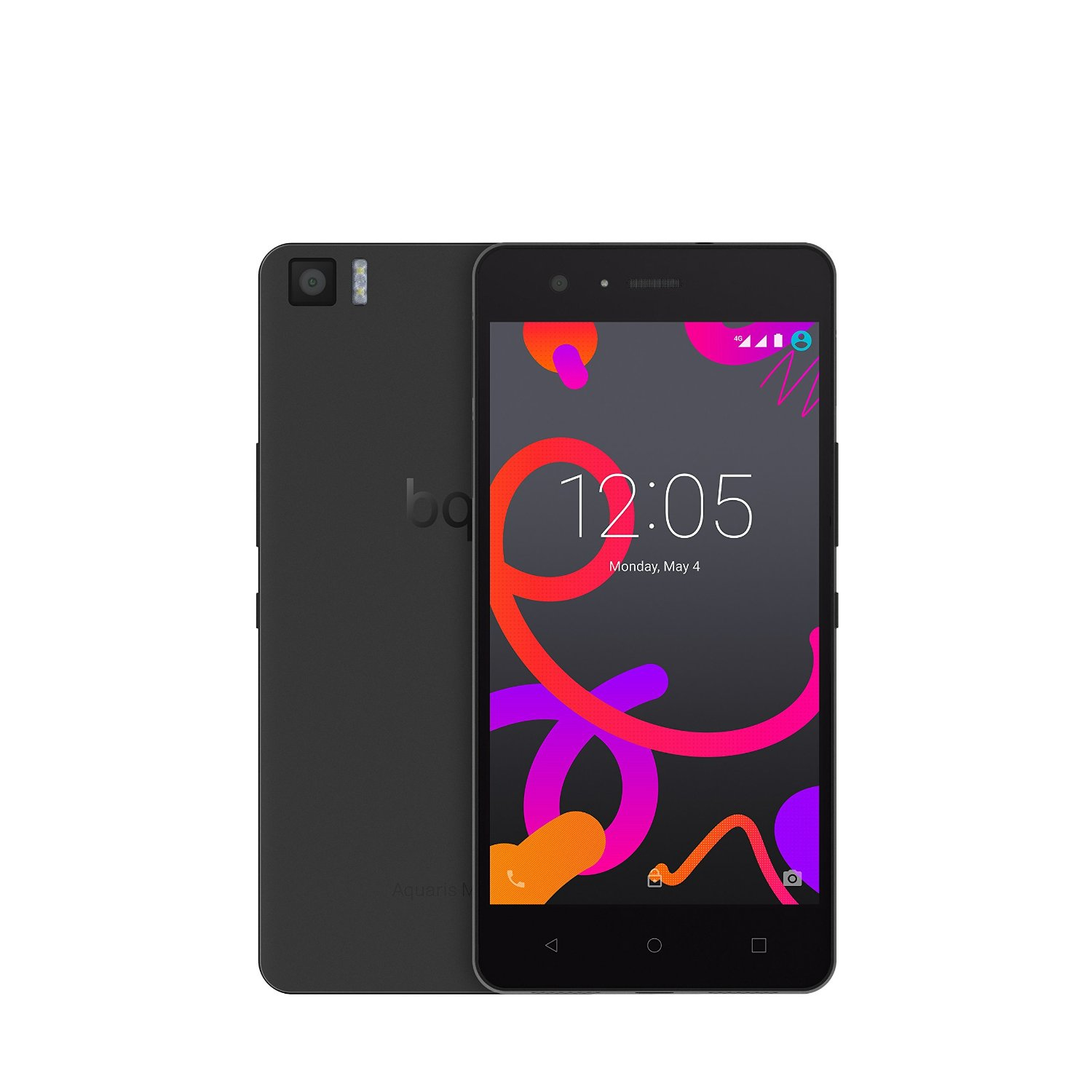 Schwarzes Smartphone, das eine farbenfrohe Benutzeroberfläche mit der Uhrzeit 12:05 zeigt.