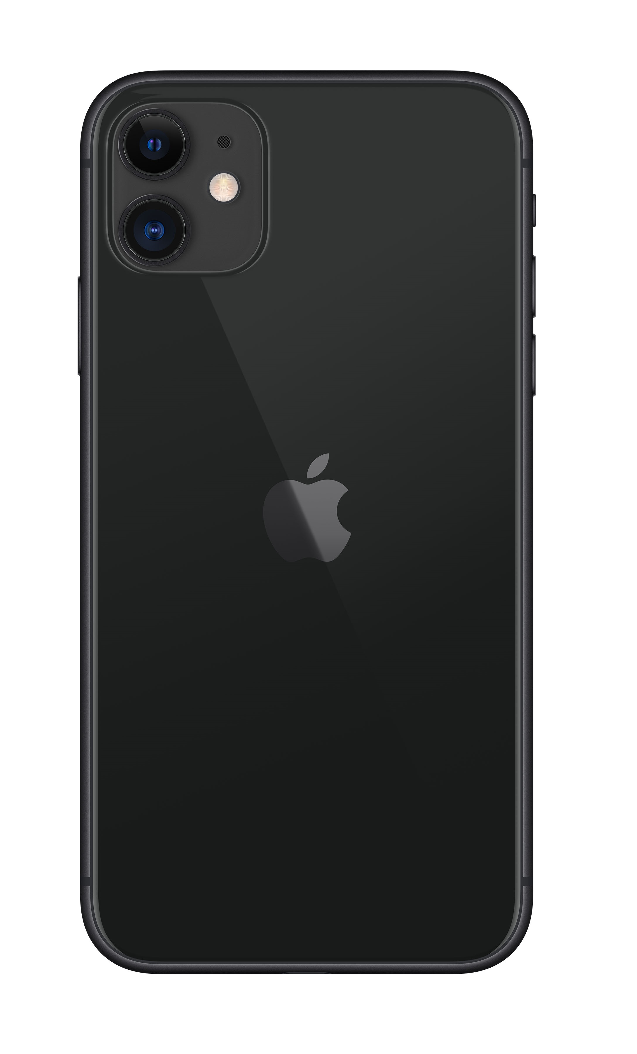 Achterkant van een zwarte smartphone met dubbele camera's, flitser en Apple-logo.