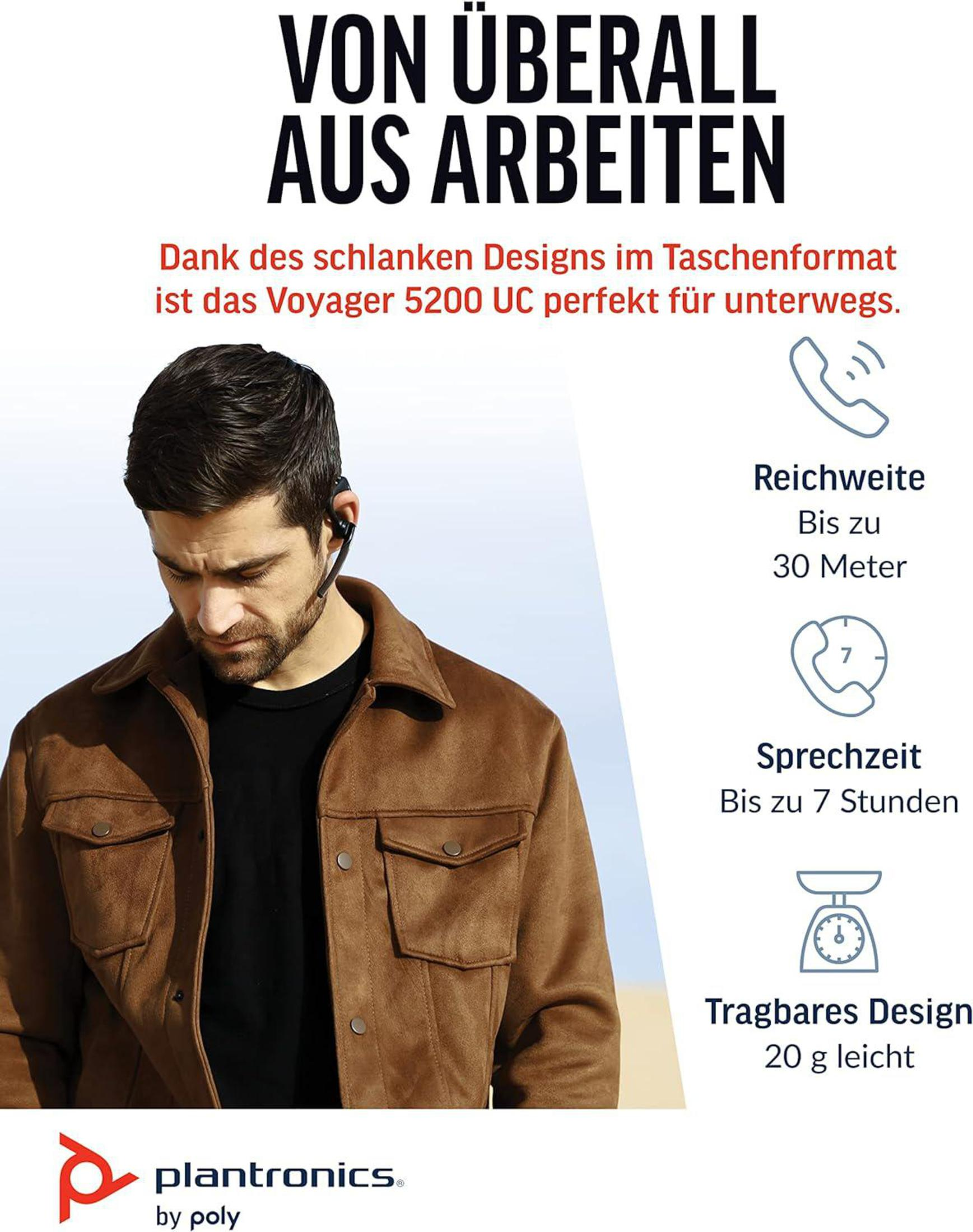 Mężczyzna z zestawem słuchawkowym, tekst o pracy w dowolnym miejscu, zasięgu, czasie rozmów i designie.