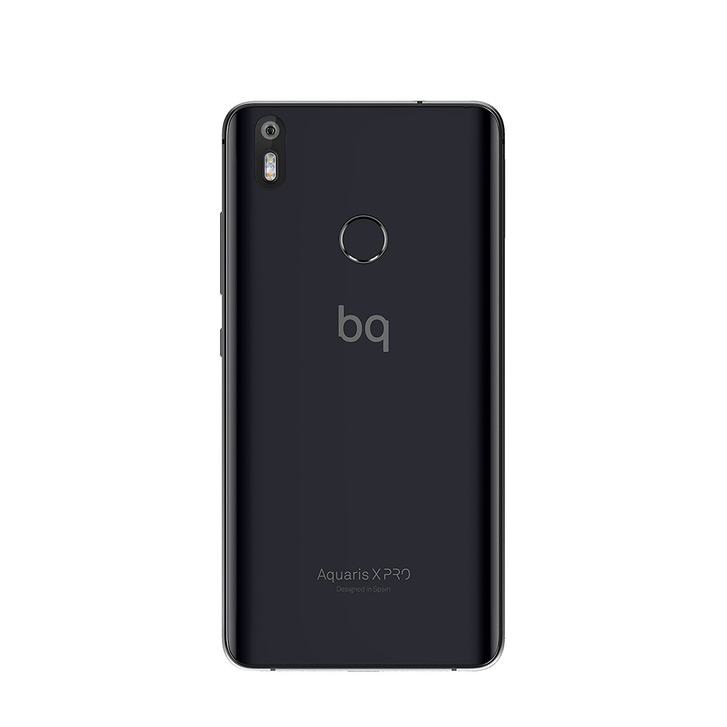 Schwarzes Smartphone mit einem Kreis auf der Rückseite, mit der Marke bq.