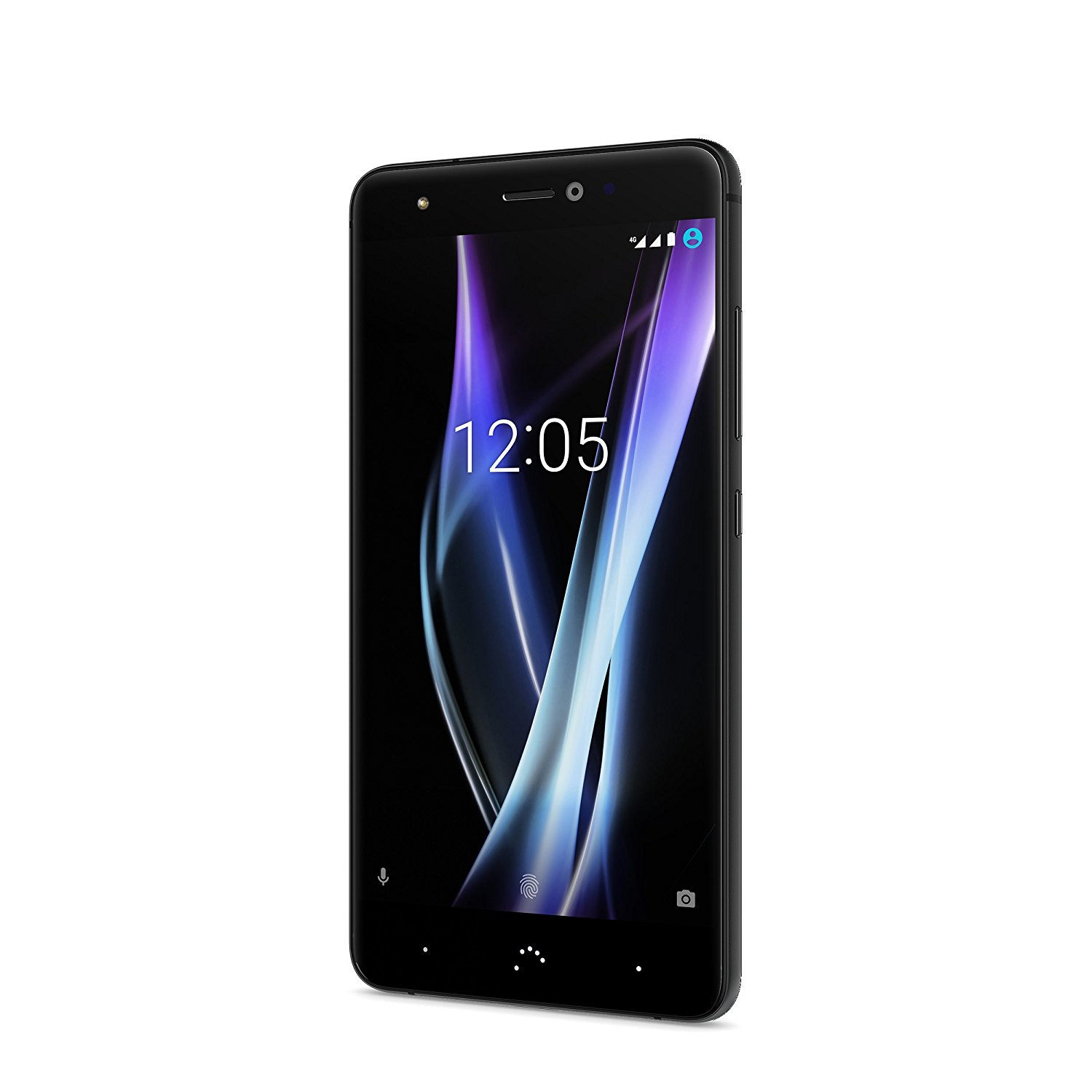 Schwarzes Smartphone mit hellem Bildschirm, buntes Hintergrundbild.