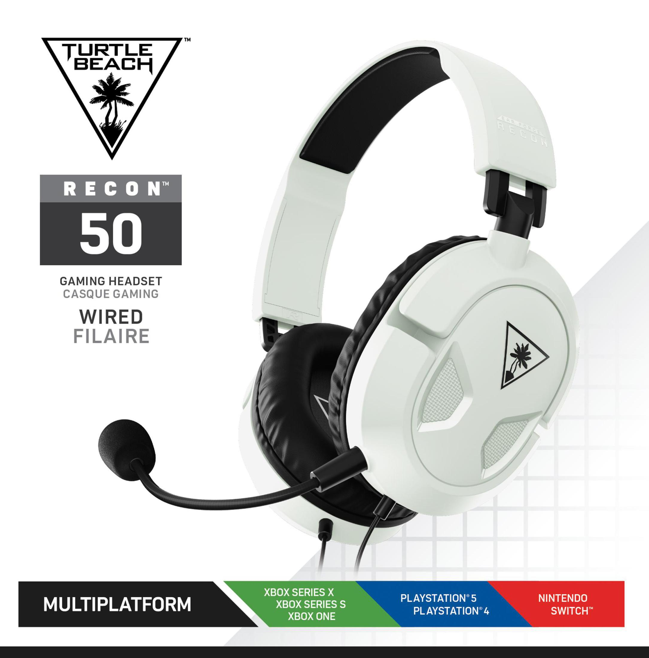 Białe słuchawki do gier z mikrofonem i szczegółami marki.