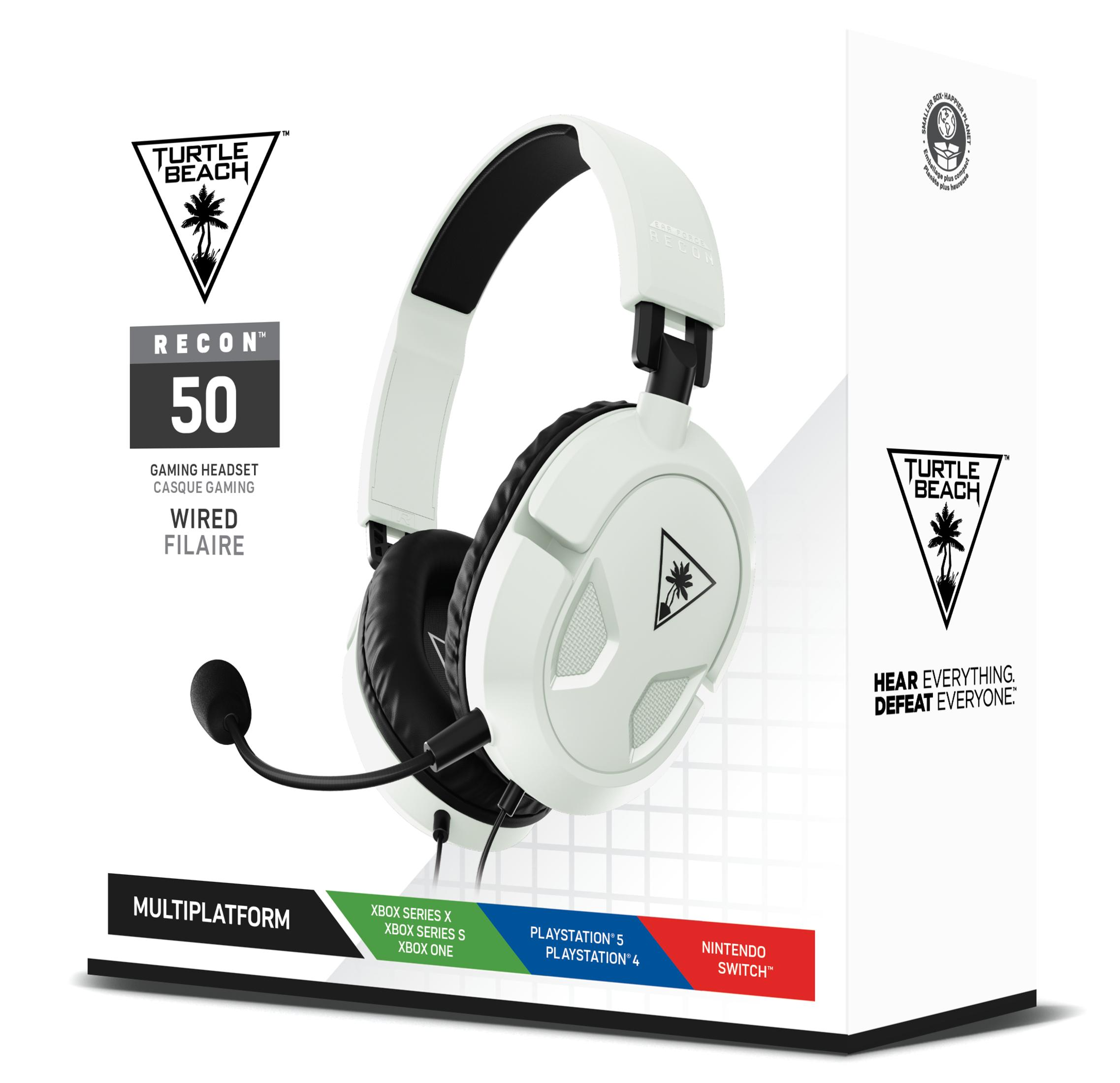 Białe pudełko słuchawek dla graczy Turtle Beach Recon 50. Zawiera słuchawki i kompatybilność z wieloma platformami.