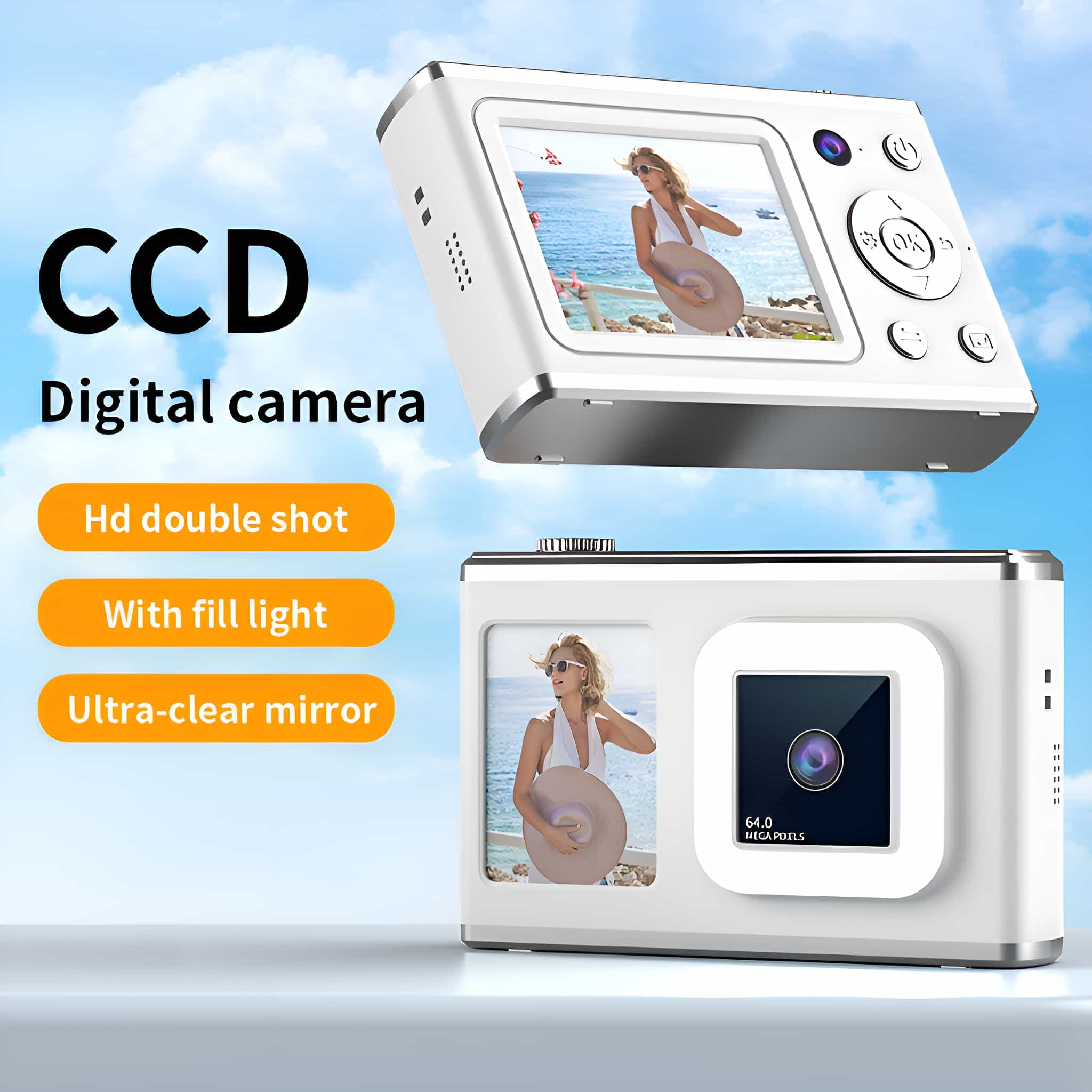 Eine weiße Digitalkamera mit LCD-Bildschirm und Tasten, die eine Frau mit Hut zeigt.