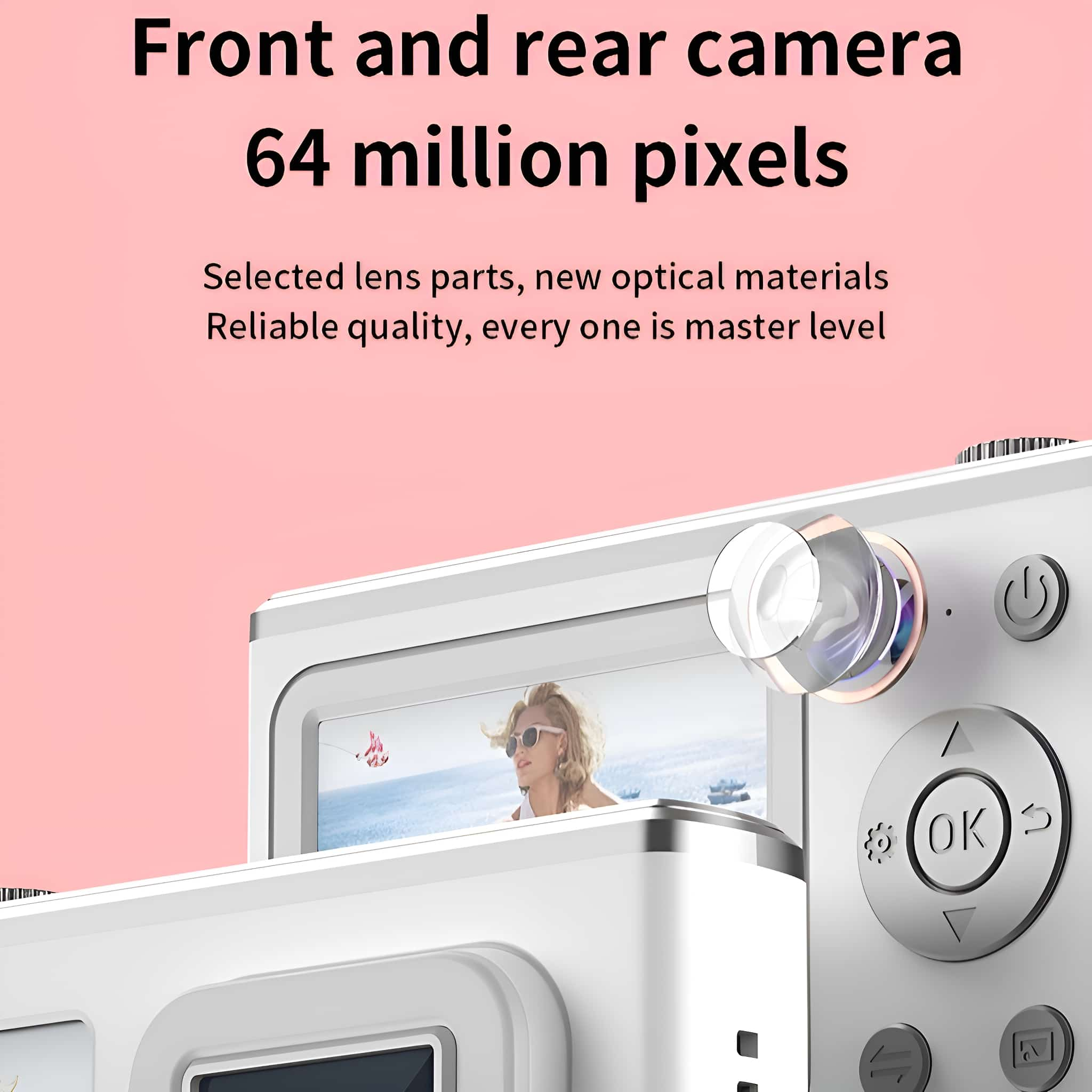 Nahaufnahme einer Kamera. Der Text oben lautet: 'Front- und Rückkamera 64 Millionen Pixel'.