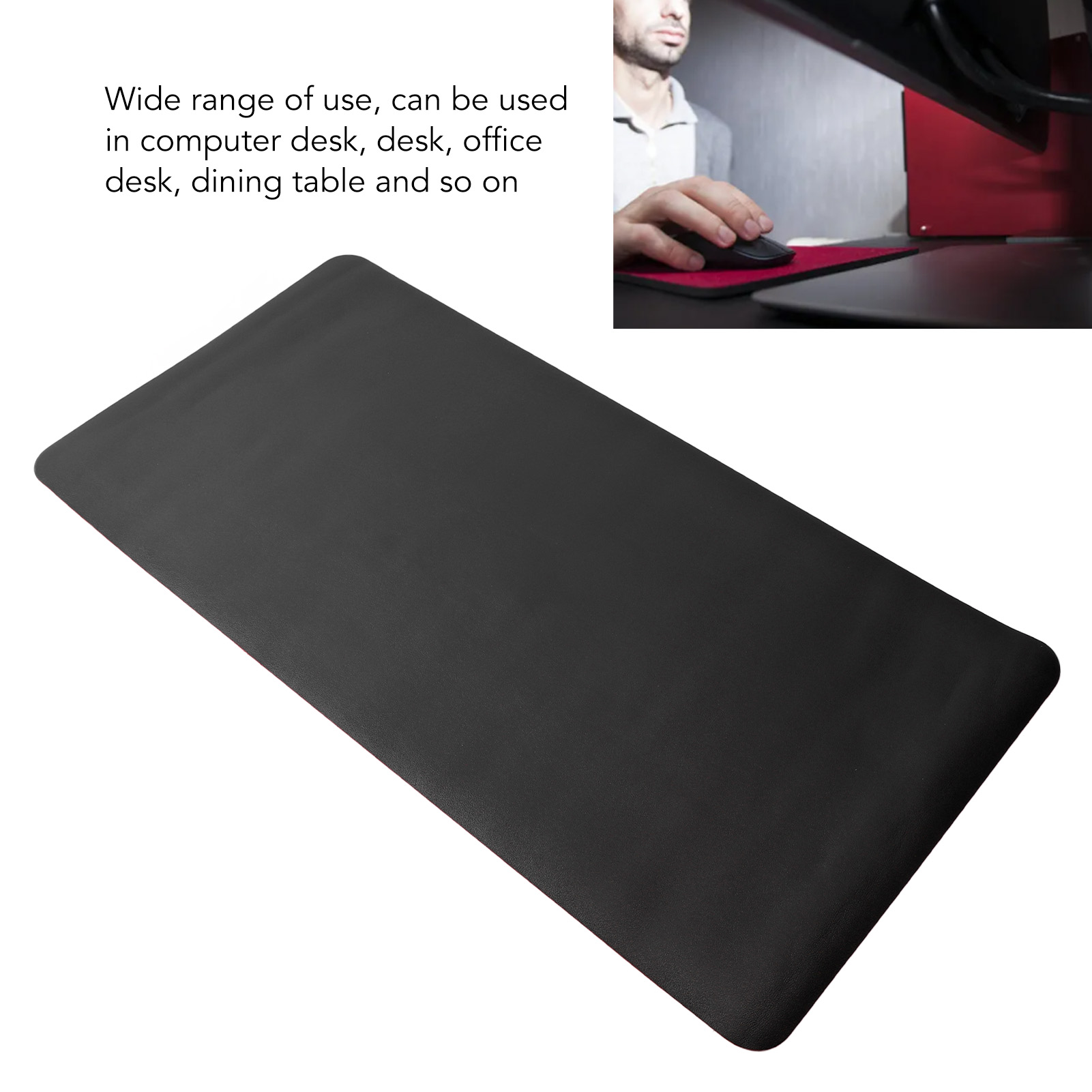 Schwarzes rechteckiges Schreibtisch-Pad. Inset zeigt Person mit Maus auf rotem Pad.