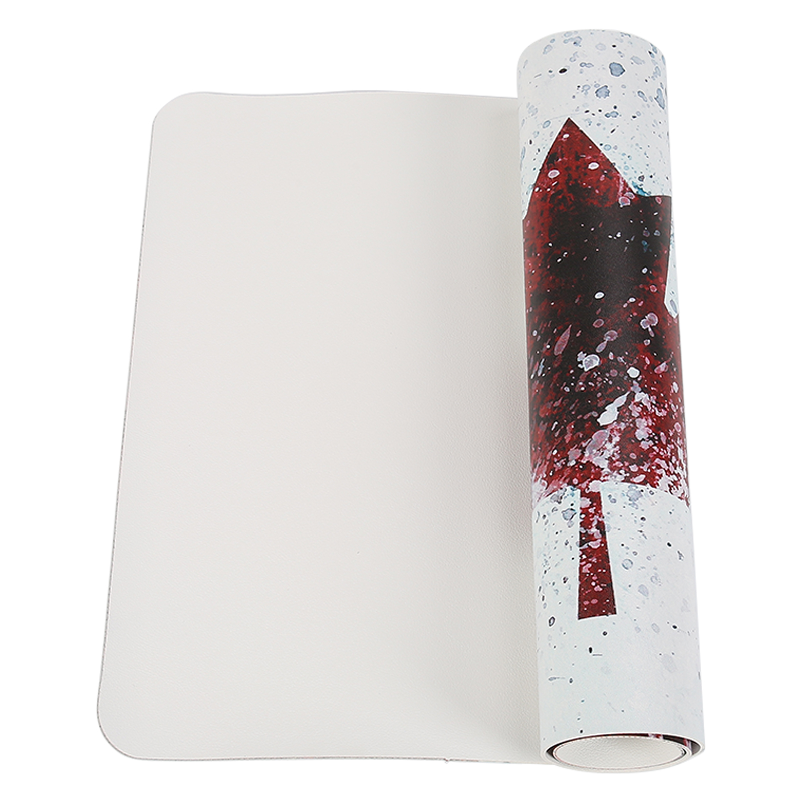 Yogamatte teilweise aufgerollt, weiße Oberfläche mit rotem und weißem künstlerischem Design.