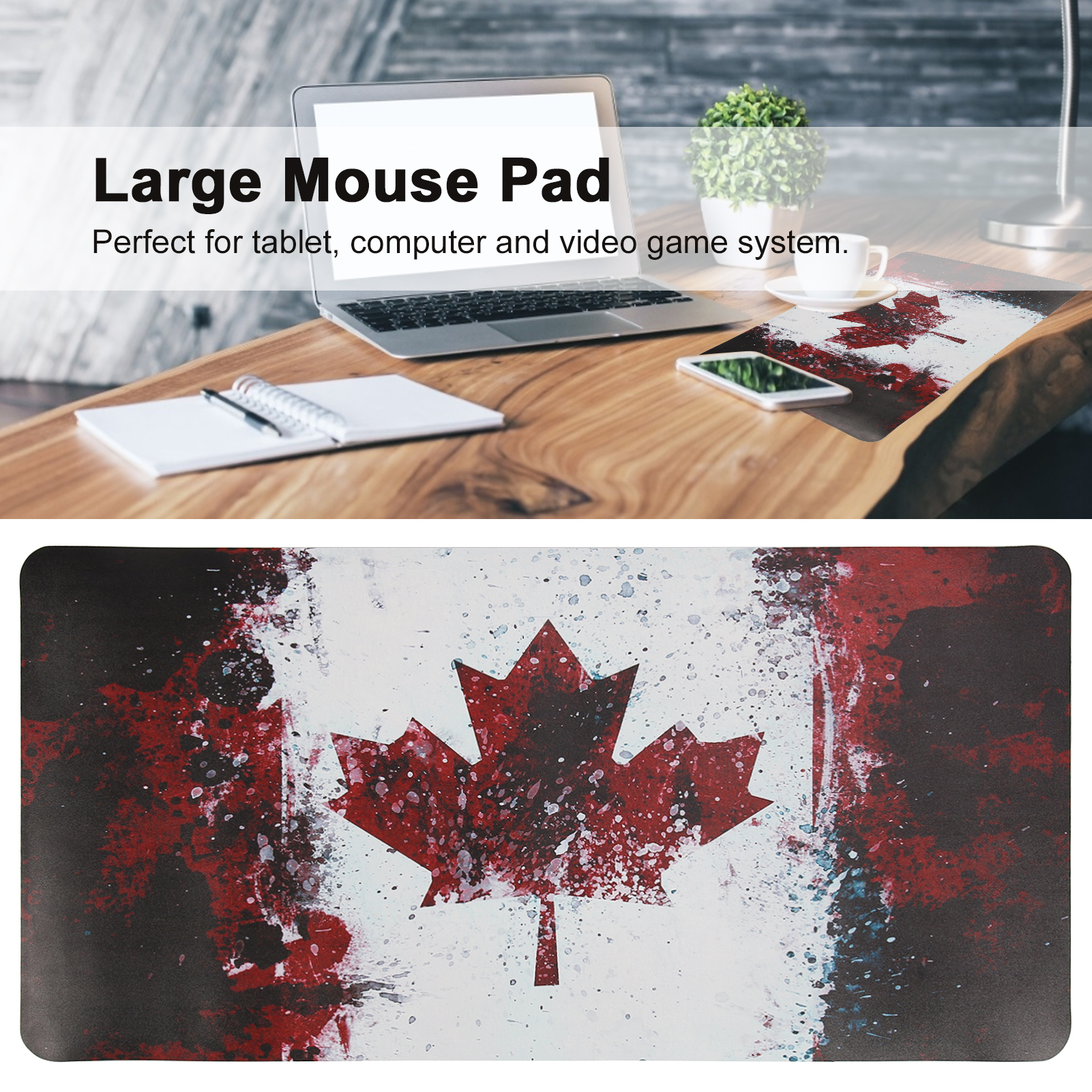 Laptop auf einem Holztisch, Mauspad mit der kanadischen Flagge. Weißer Hintergrund mit Text.