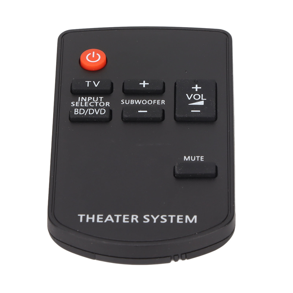 Eine schwarze Fernbedienung mit Tasten für TV, Eingangswähler, Subwoofer, Lautstärke, Stummschaltung und Stromversorgung.