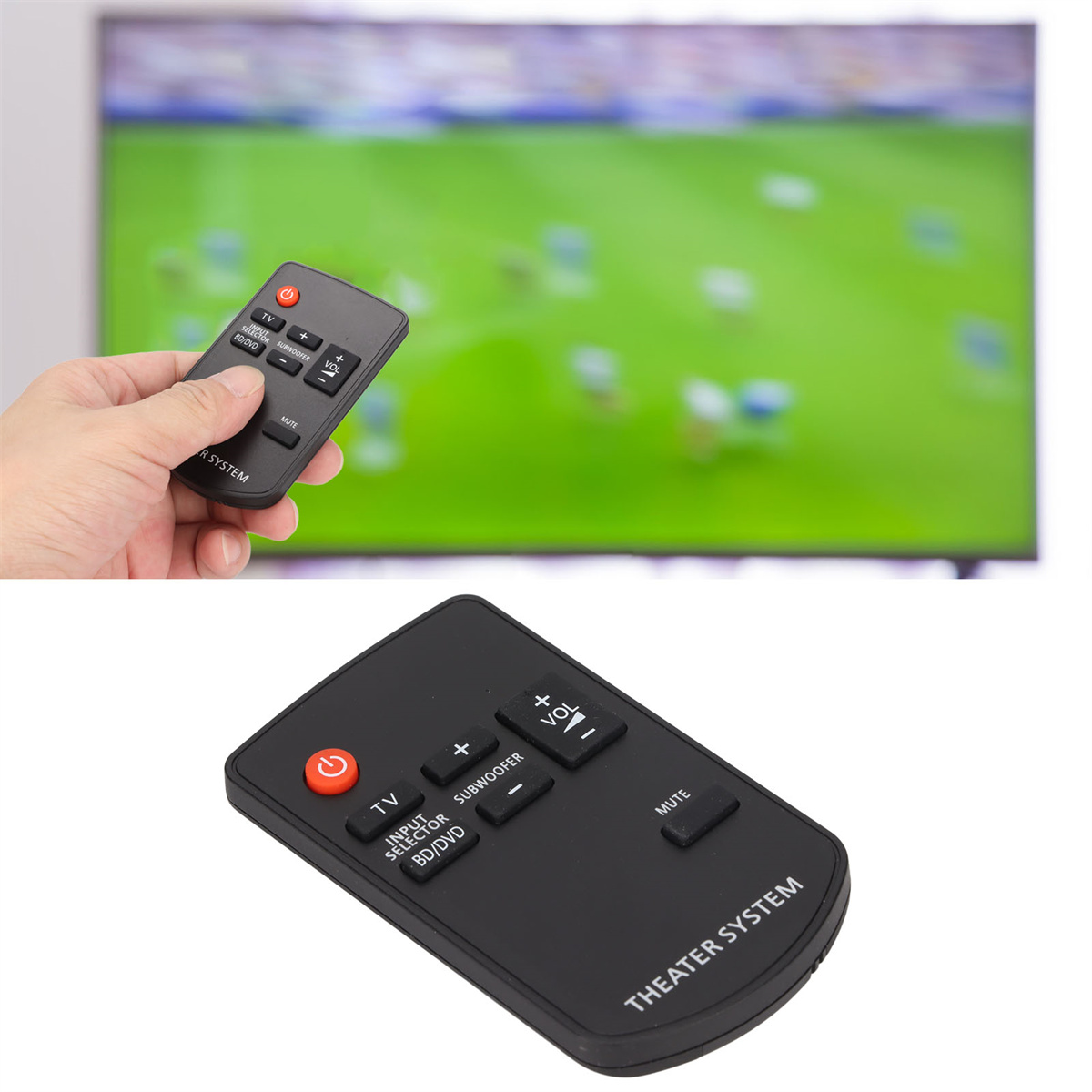 Eine Hand, die eine schwarze Fernbedienung vor einem Fernseher hält, der ein Fußballspiel zeigt.