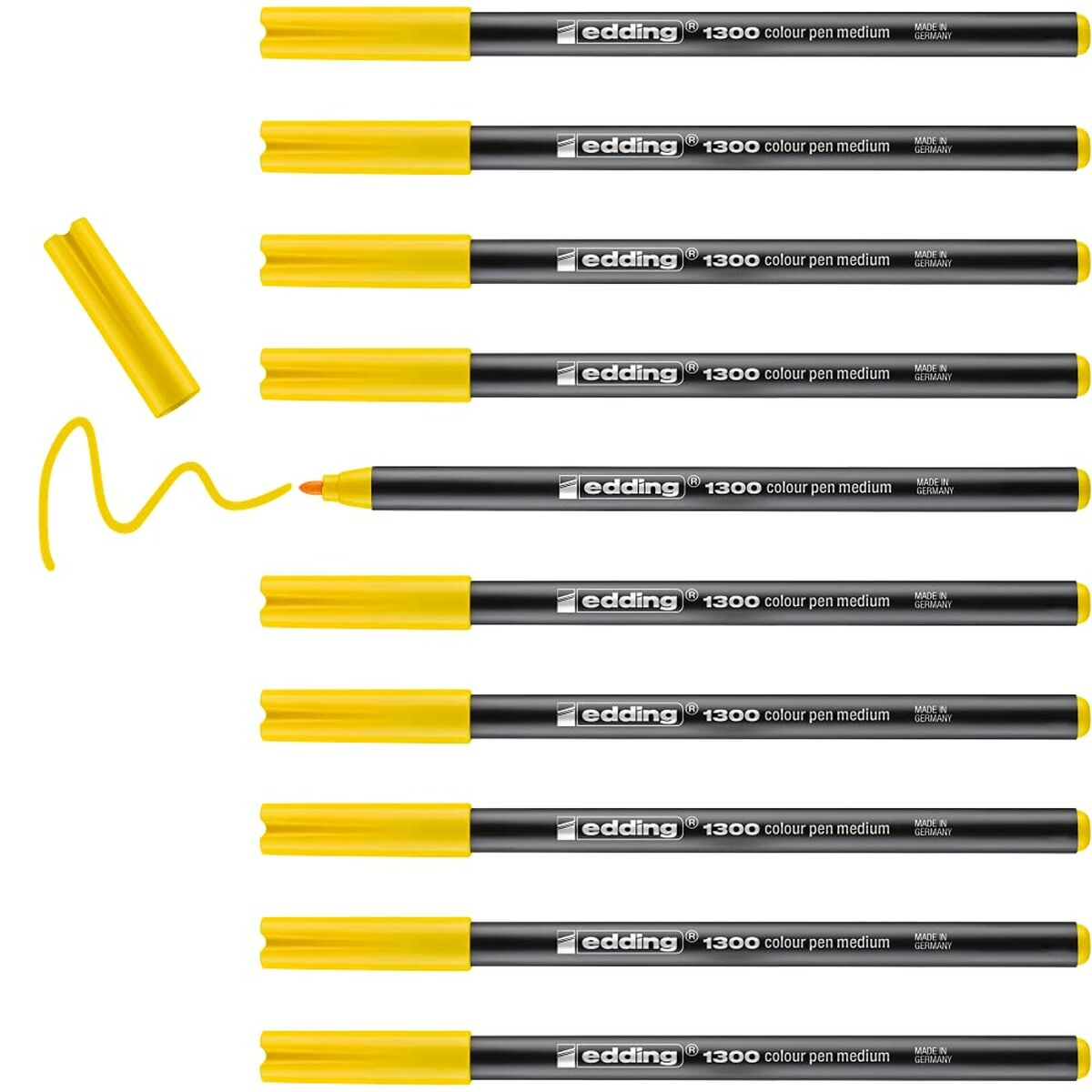 Set gelber Marker mit schwarzen Kappen, ein Marker zeichnet eine gelbe Linie.