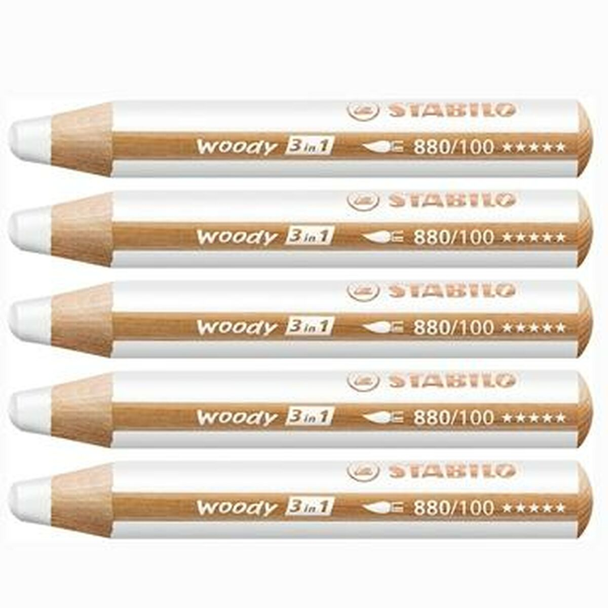 Fünf Stabilo Woody 3-in-1 Stifte vertikal angeordnet.