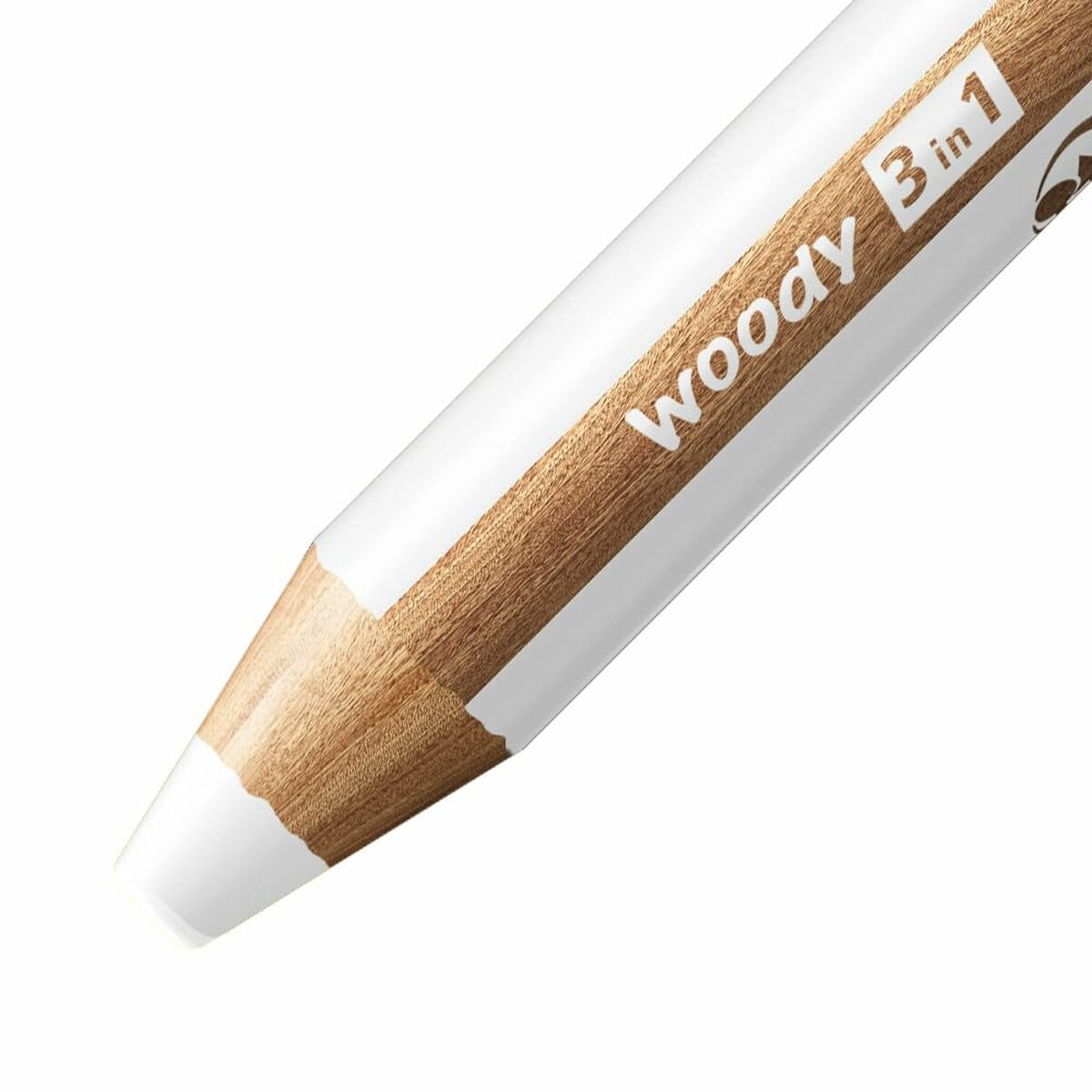 Ein weißer Bleistift mit hellbraunem Kern. Der Text 'woody 3 in 1' ist auf dem Stift gedruckt.