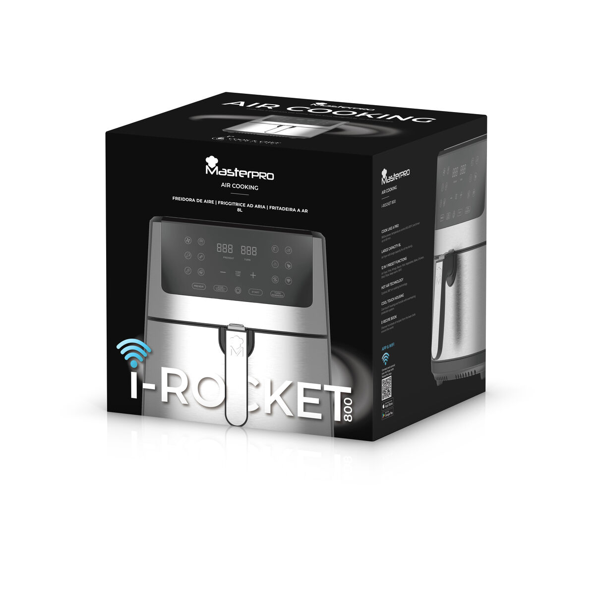 Freidora de aire en la caja. Caja con imágenes y texto: i-ROCKET 800. Combinación de colores plata y negro.