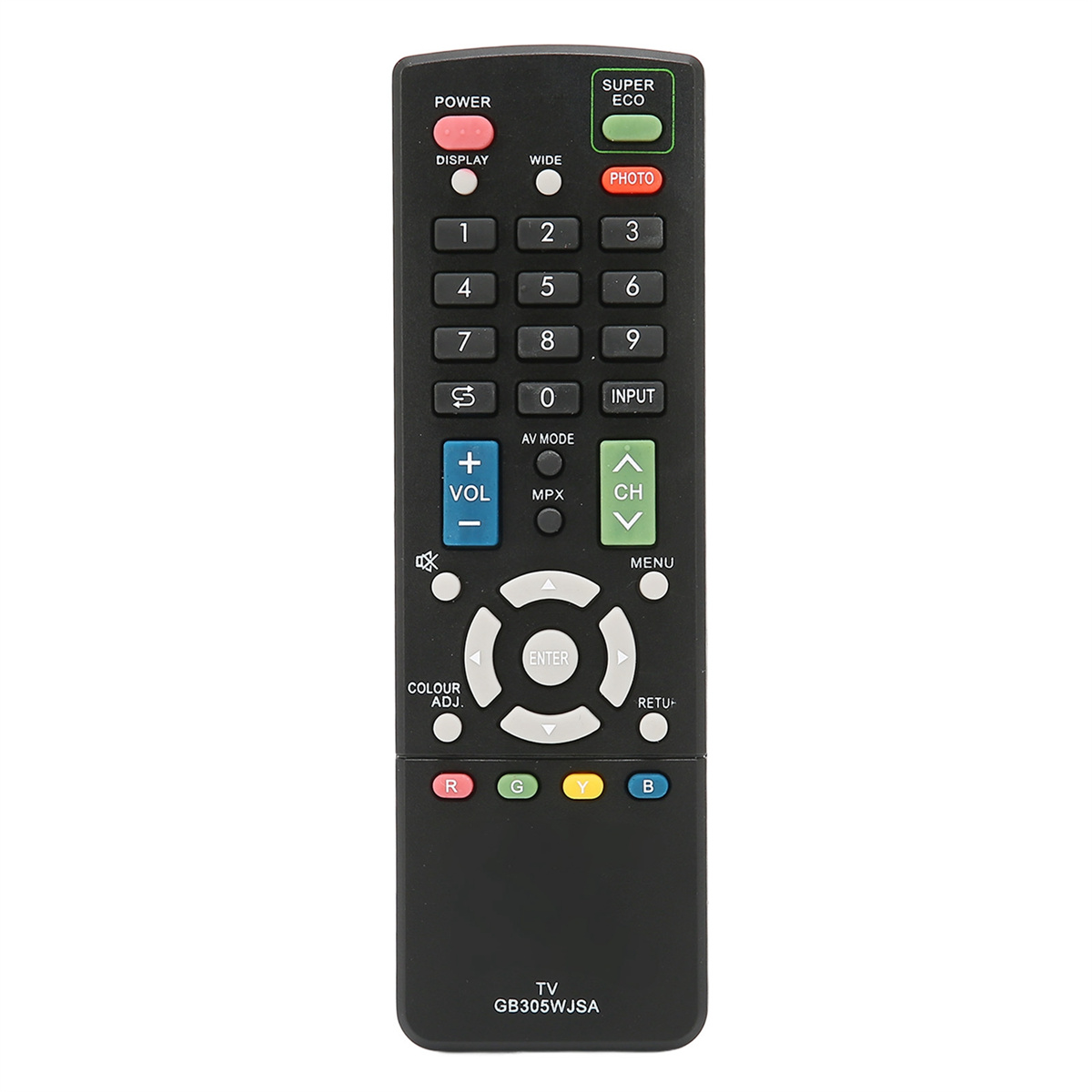 Eine schwarze TV-Fernbedienung mit zahlreichen Tasten.