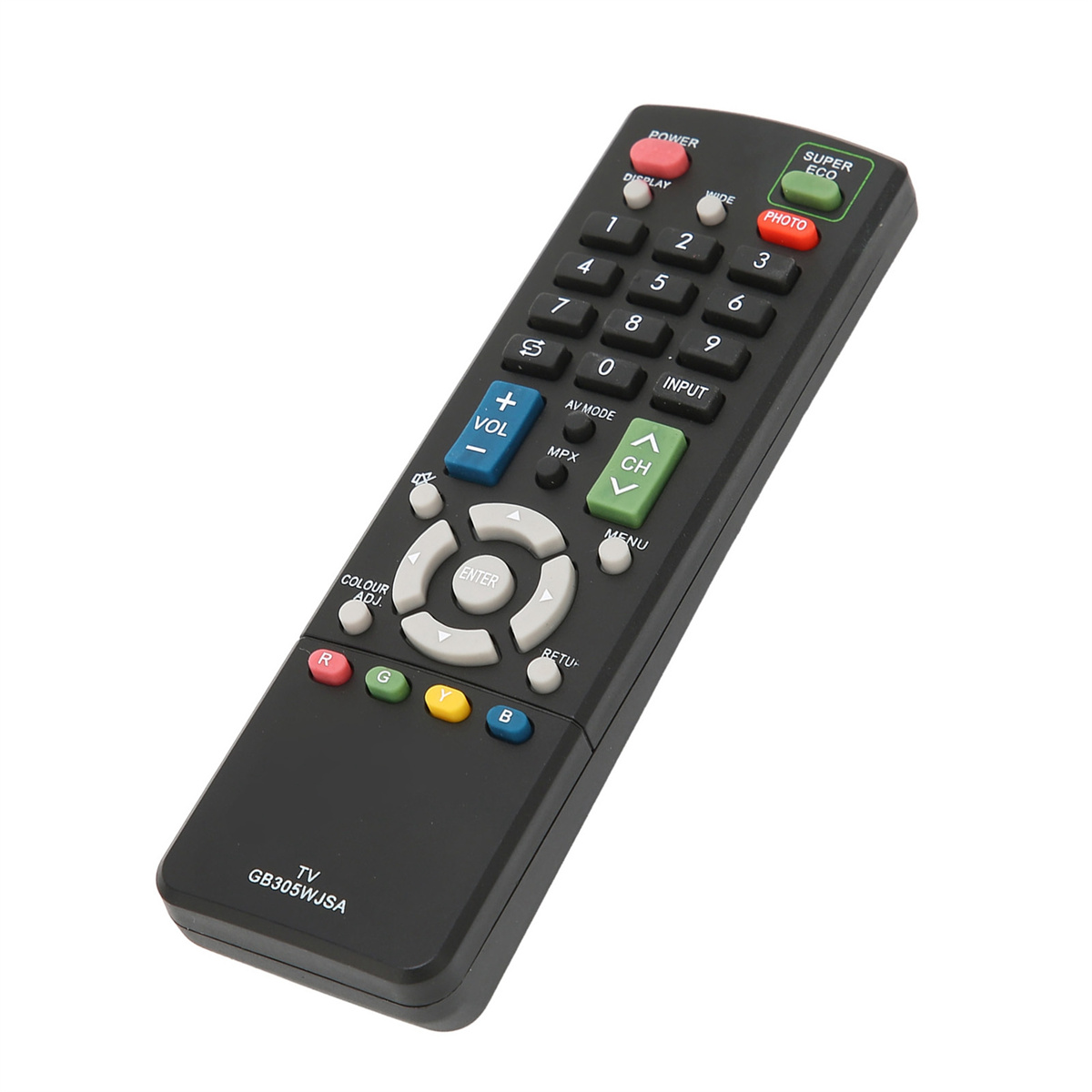 Schwarze TV-Fernbedienung. Tasten für Lautstärke, Kanal, Eingang und Menü. Weißer und farbiger Text.