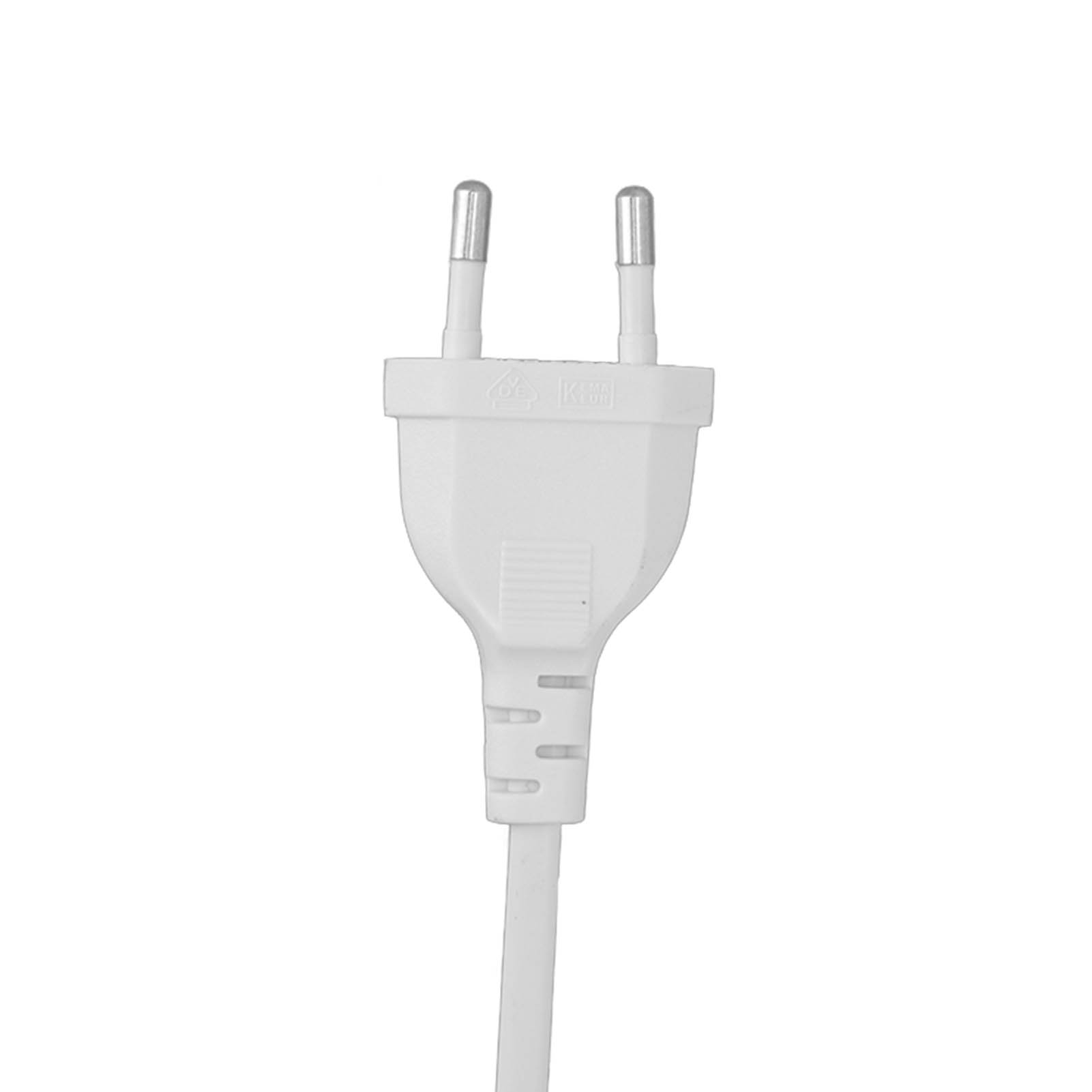 Ein weißer Netzstecker mit zwei Stiften auf weißem Hintergrund.