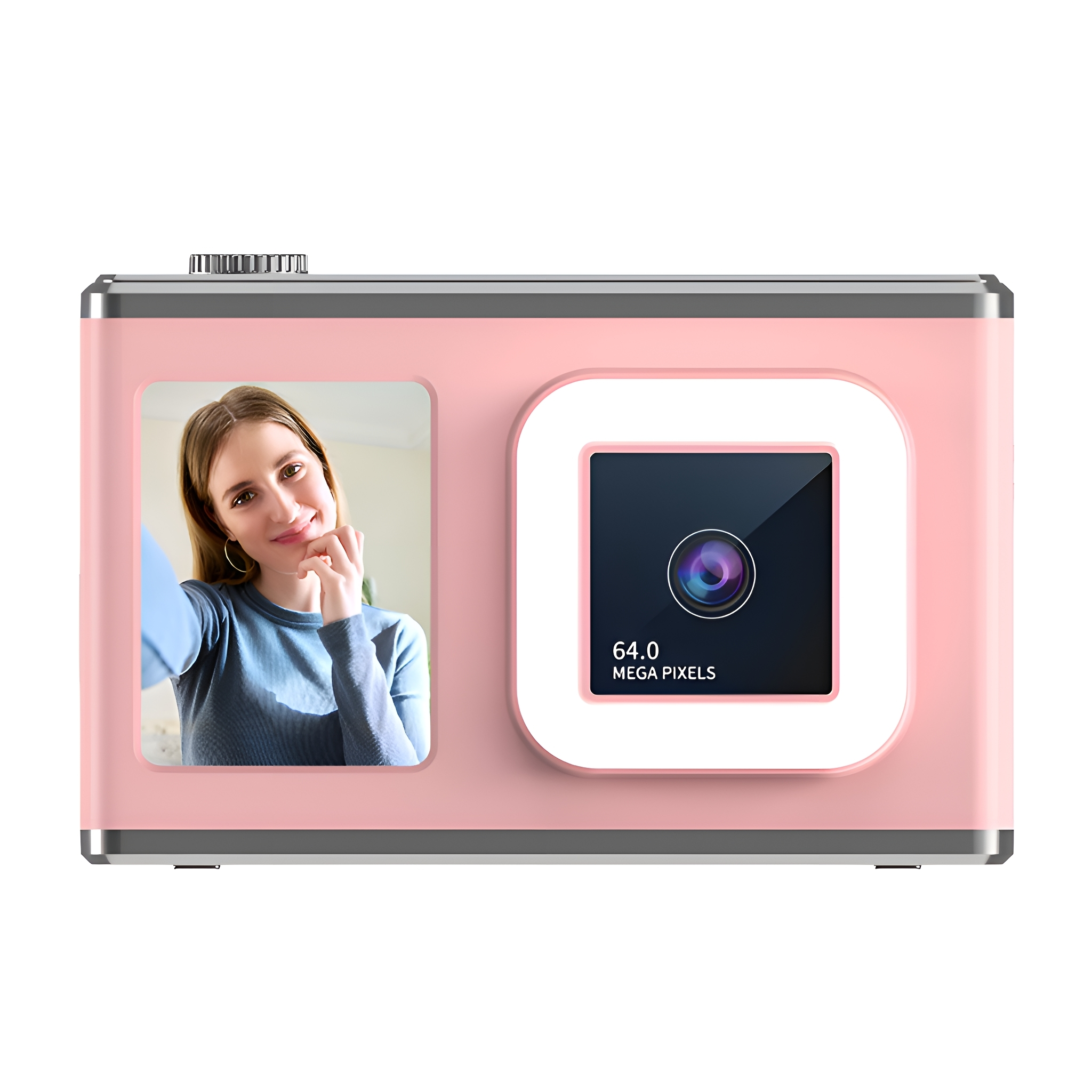 Rosa Digitalkamera mit einem Bildschirm, der eine Frau zeigt. 64,0 Megapixel sind geschrieben.
