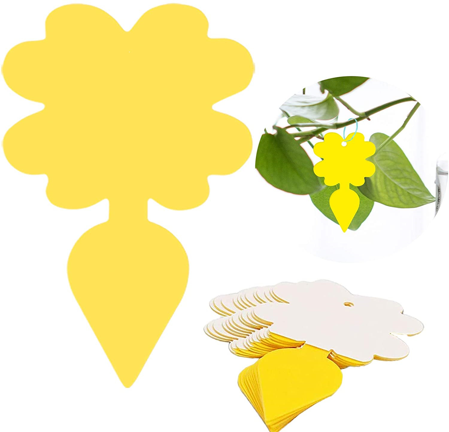 Gelbe Klebefallen mit Blüten- und Blattform zur Insektenbekämpfung, mehrere auf einem Haufen.