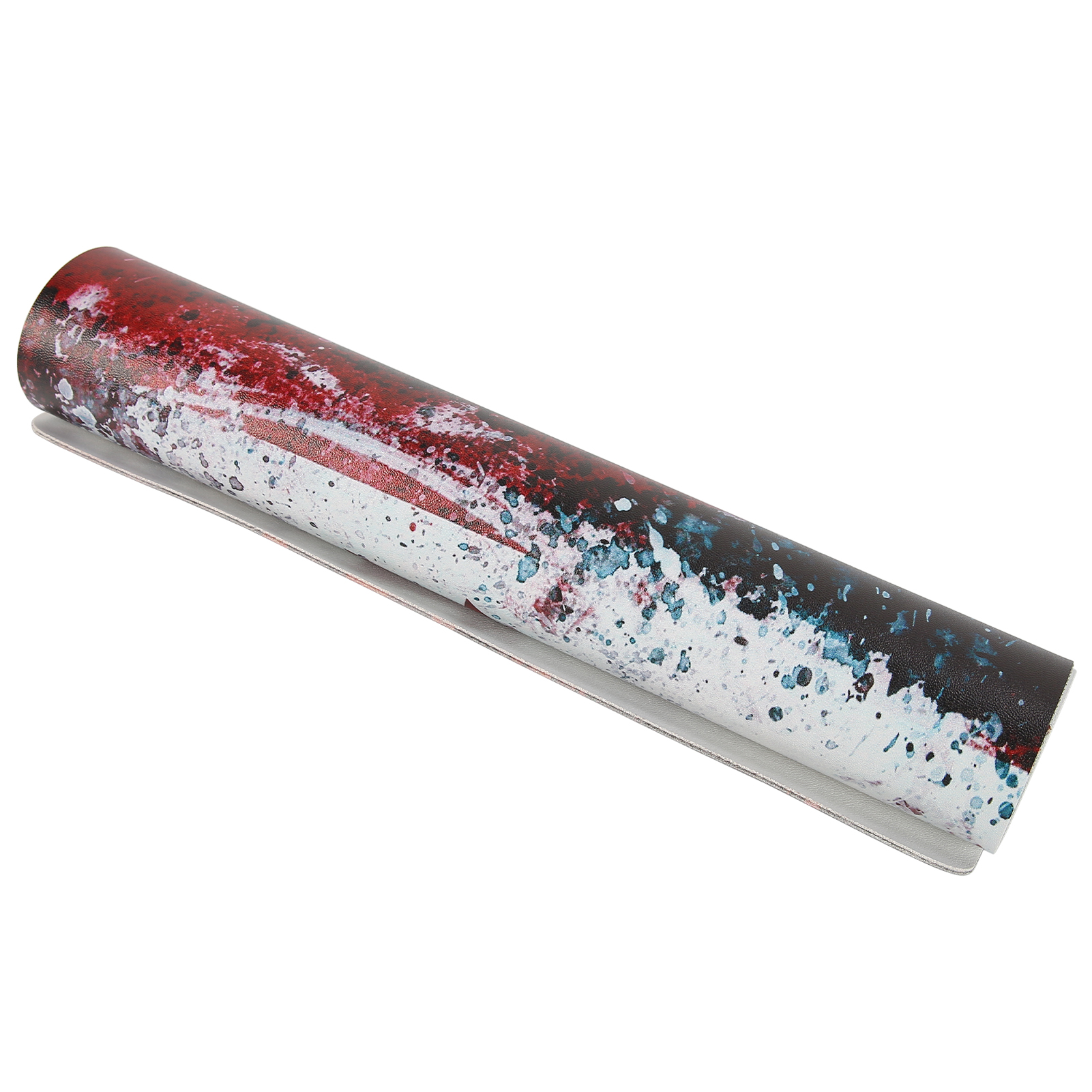 Gerollte abstrakte Kunst auf weißer Oberfläche, rote, weiße, blaue und schwarze Farbe.