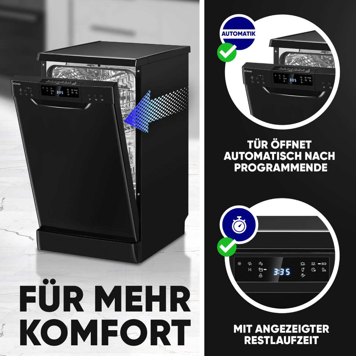 Schwarze Spülmaschine mit offener Tür, Innenansicht. Symbole und Text auf dem Gerät. Inset-Bilder.