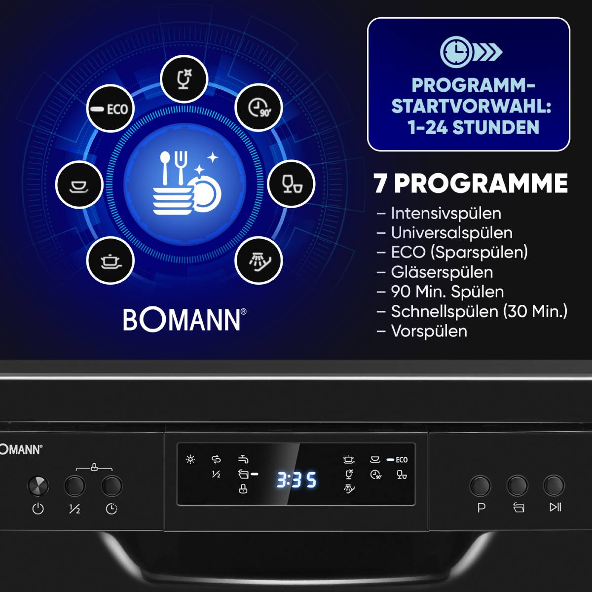 Geschirrspüler-Bedienfeld mit Tasten und Display. Es zeigt verschiedene Programme.