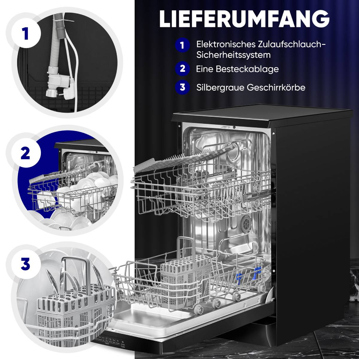 Geschirrspüler mit offener Tür. Zeigt Innenraum mit Geschirr, Besteck und Wasseranschlüssen.
