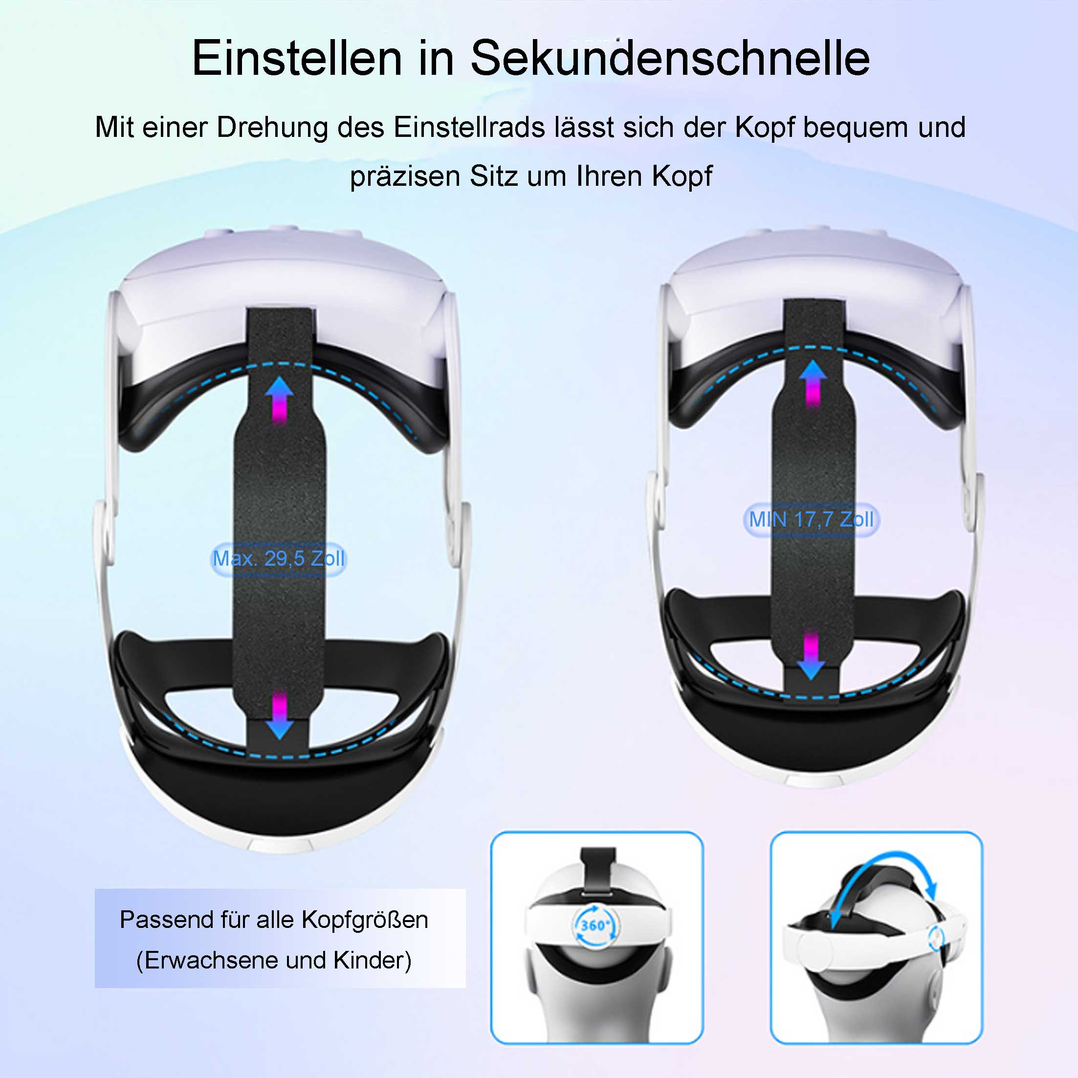 Zwei VR-Headsets mit Einstellfunktionen für verschiedene Kopfgrößen.