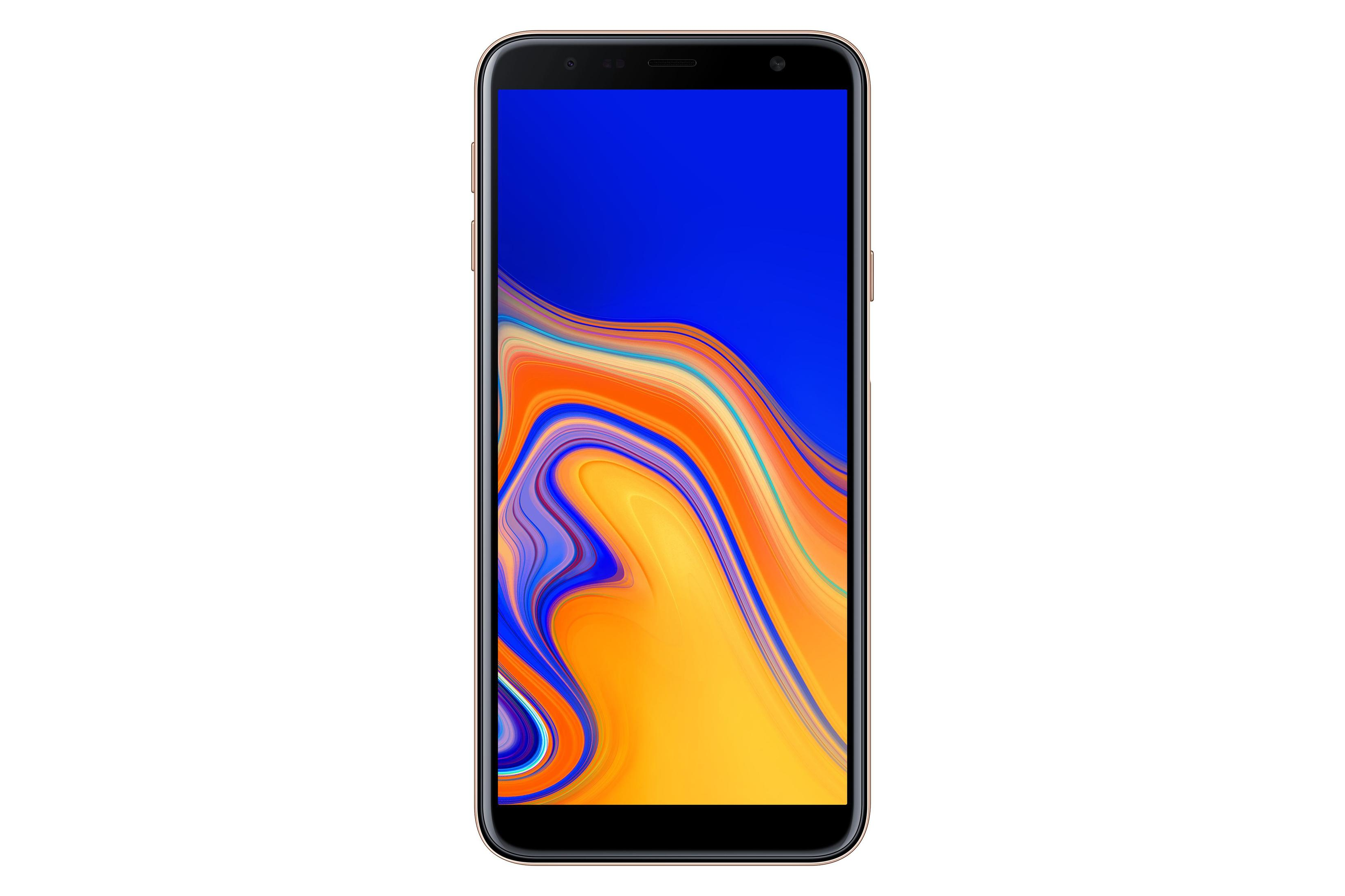 Smartphone mit blauem und orangem Hintergrund. Das Telefon hat einen goldenen Rahmen.