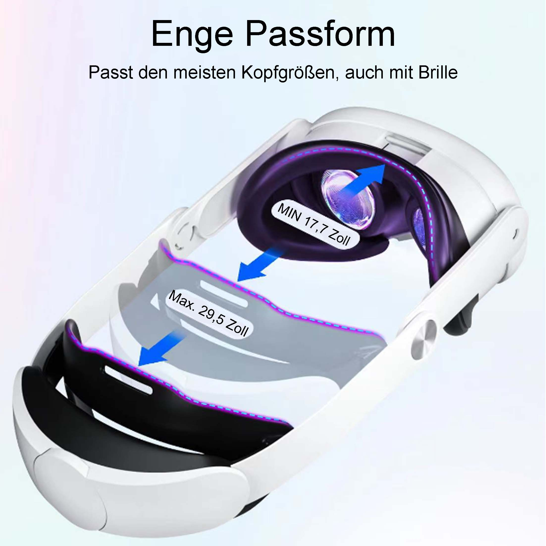 VR-Headset mit Text, der Größen- und Passformmaße hervorhebt, mit dem Text 'Enge Passform'.