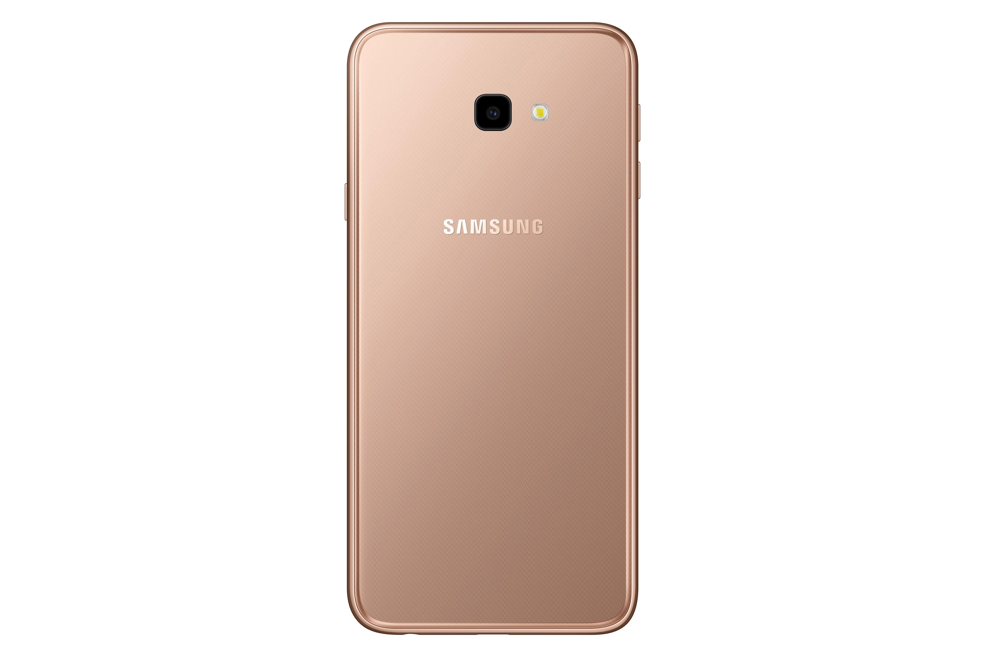 Rückseite eines goldfarbenen Samsung-Smartphones, isoliert auf Weiß.