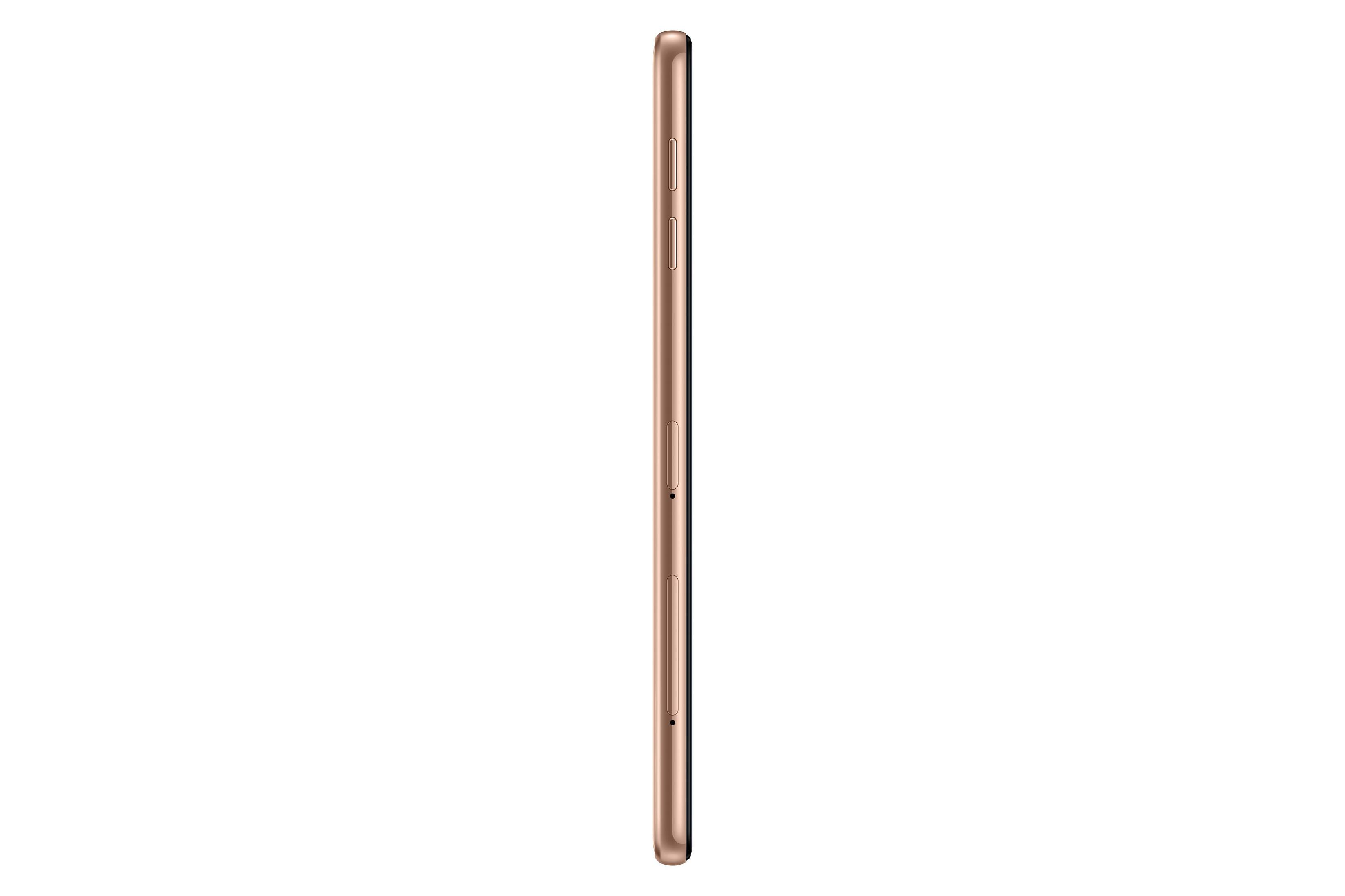 Goldenes Tablet-Seitenansicht auf weißem Hintergrund.