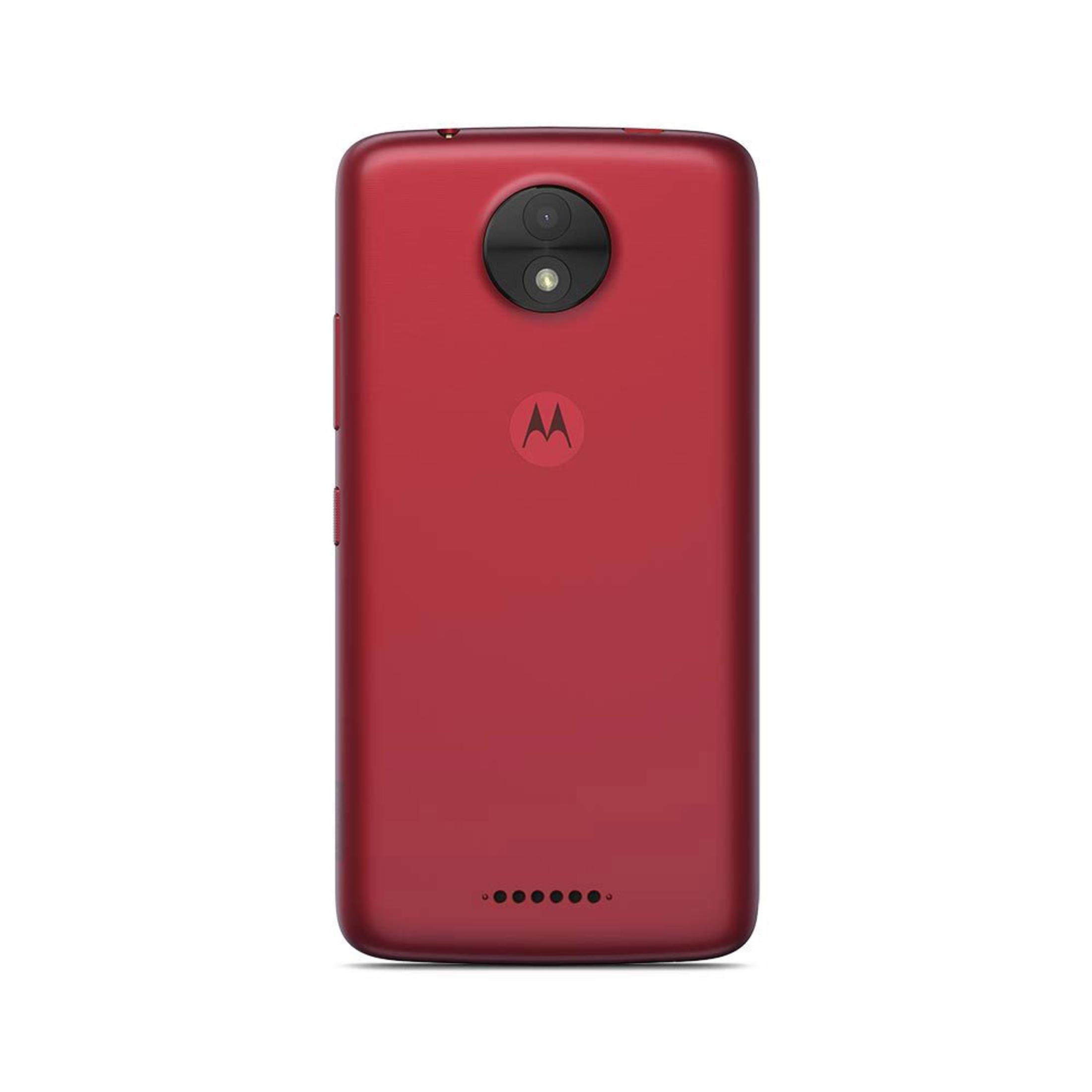 Rückseite des roten Telefons mit Dual-Kamera und Logo. Weißer Hintergrund.