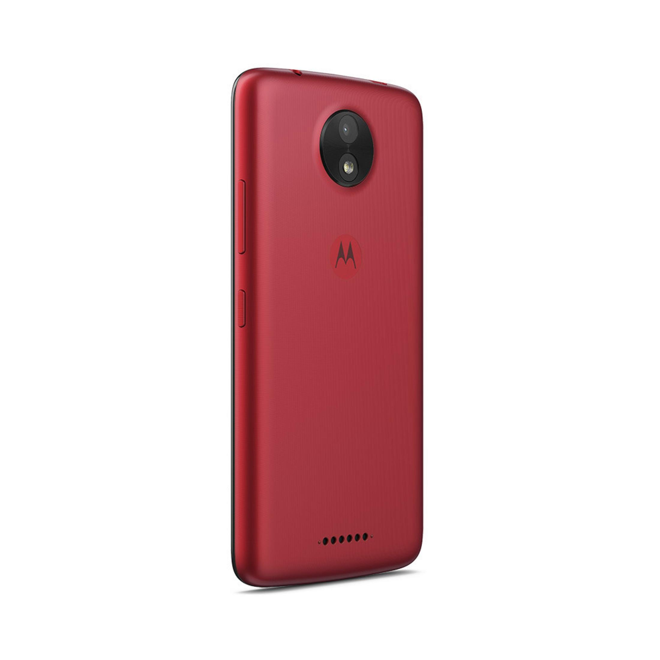 Rückseite eines roten Smartphones. Kamera und Logo sind sichtbar. Seitentasten vorhanden.